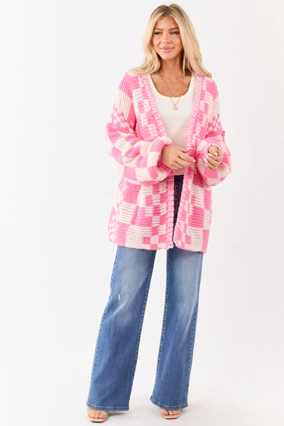 Bubblegum and Ivory Checkered Chunky Knit Cardigan