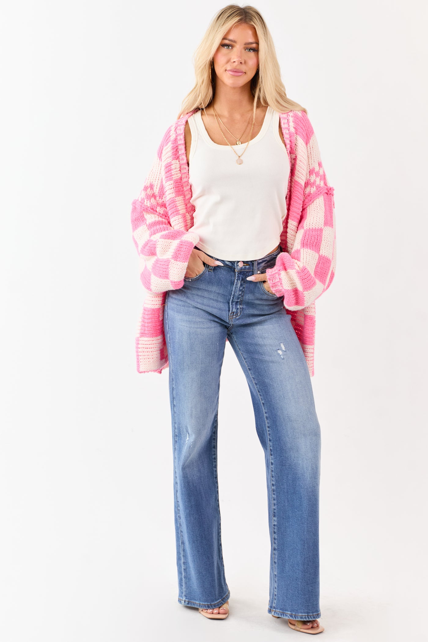 Bubblegum and Ivory Checkered Chunky Knit Cardigan