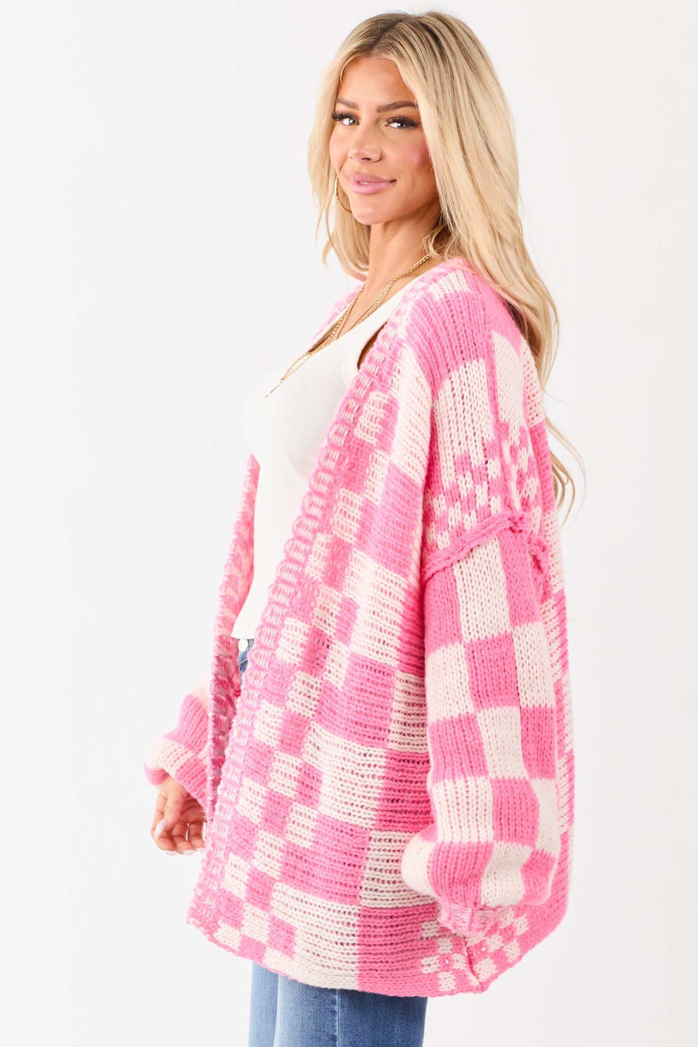 Bubblegum and Ivory Checkered Chunky Knit Cardigan