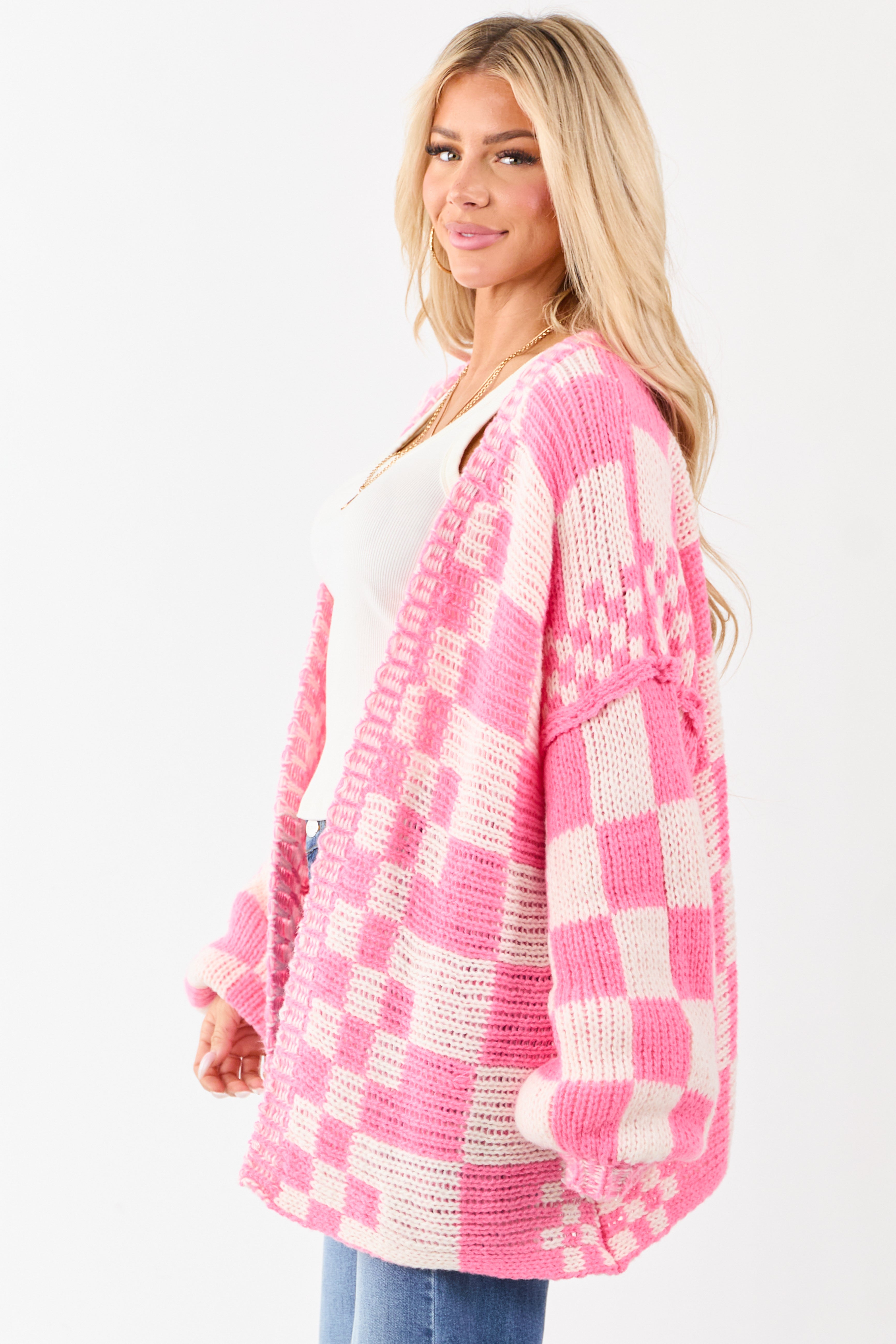 Bubblegum and Ivory Checkered Chunky Knit Cardigan