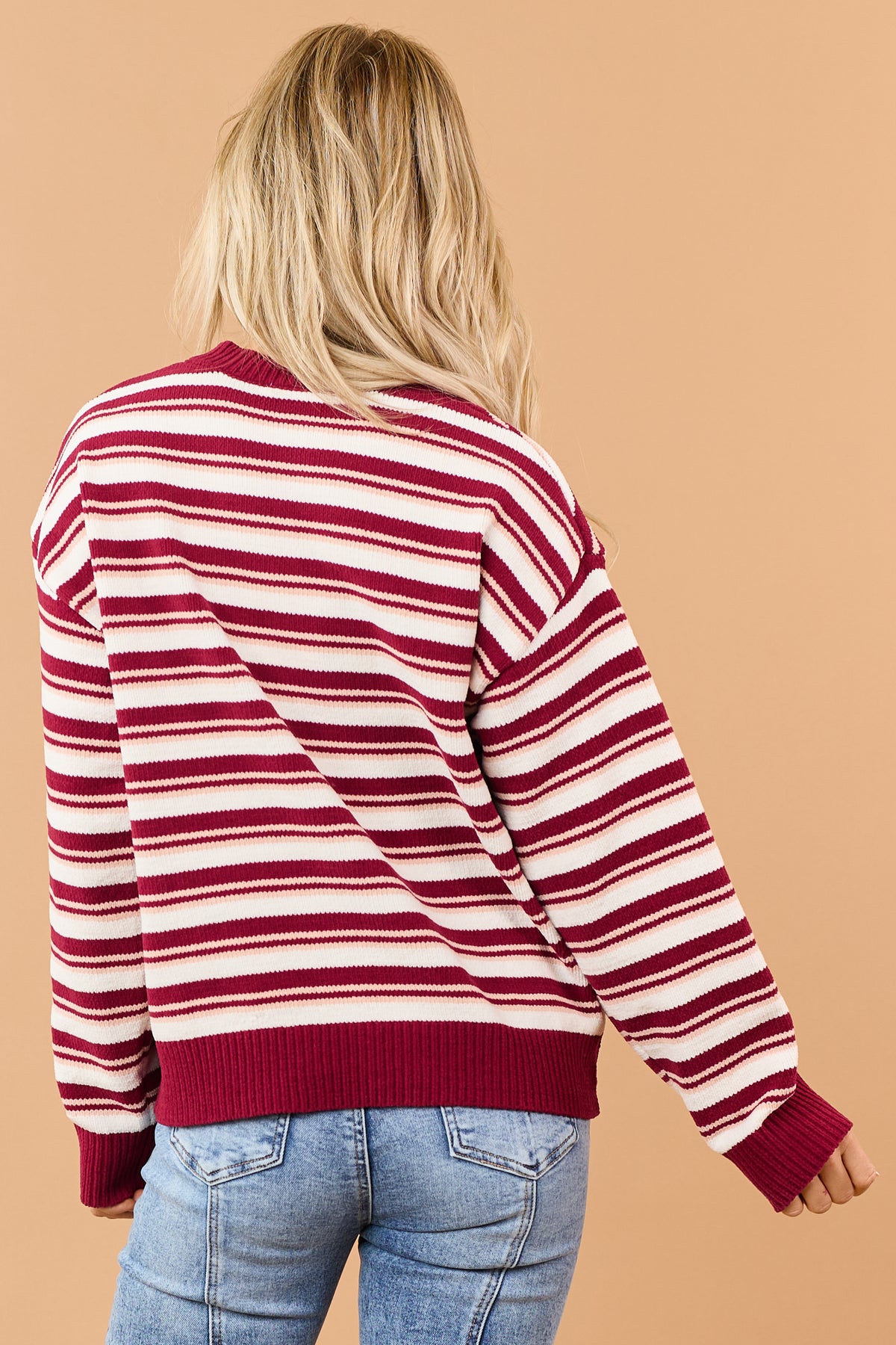 Burgundy Chenille Striped Button Up Sweater Cardigan