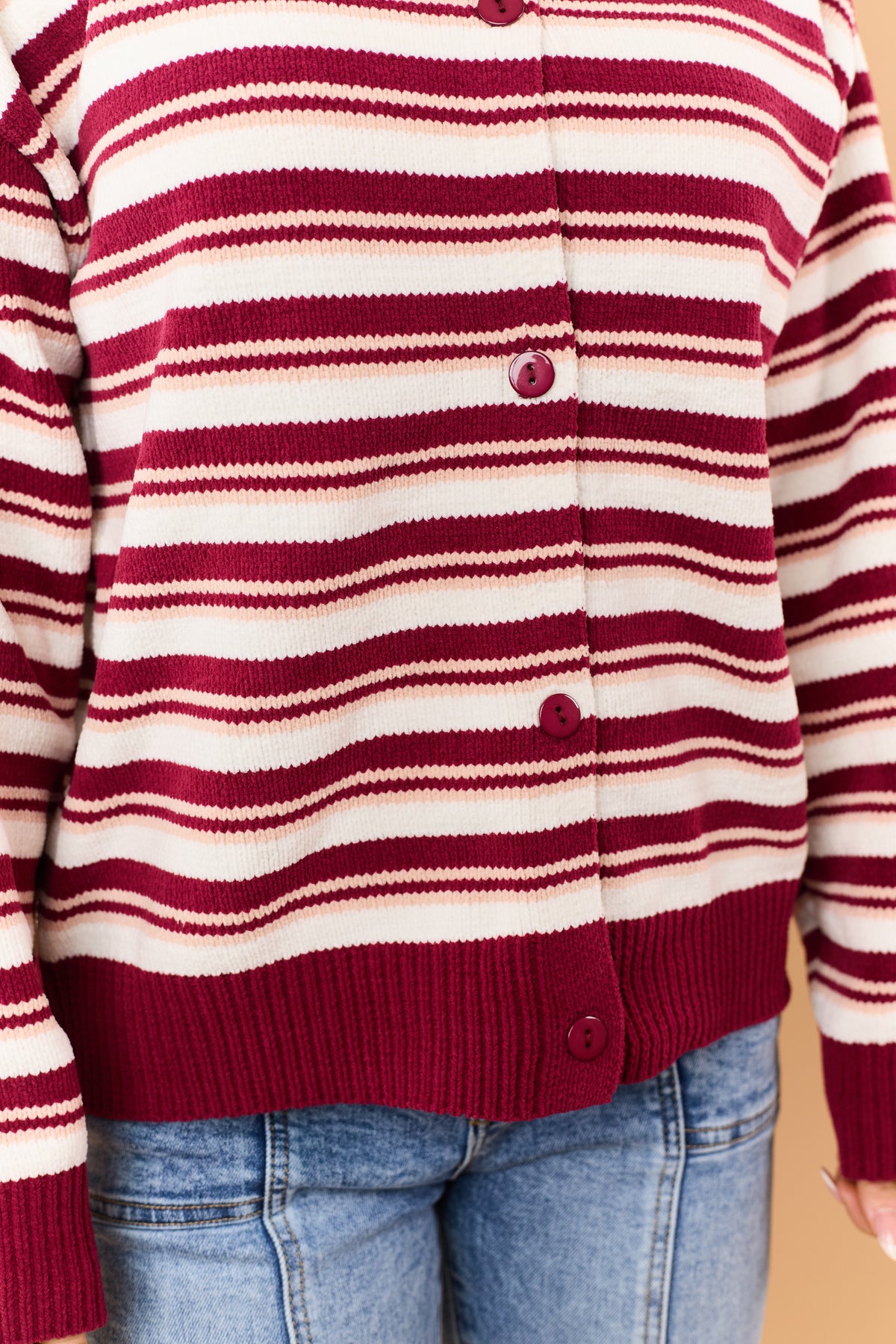 Burgundy Chenille Striped Button Up Sweater Cardigan