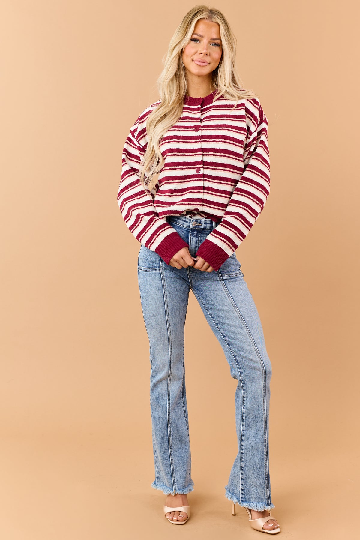 Burgundy Chenille Striped Button Up Sweater Cardigan