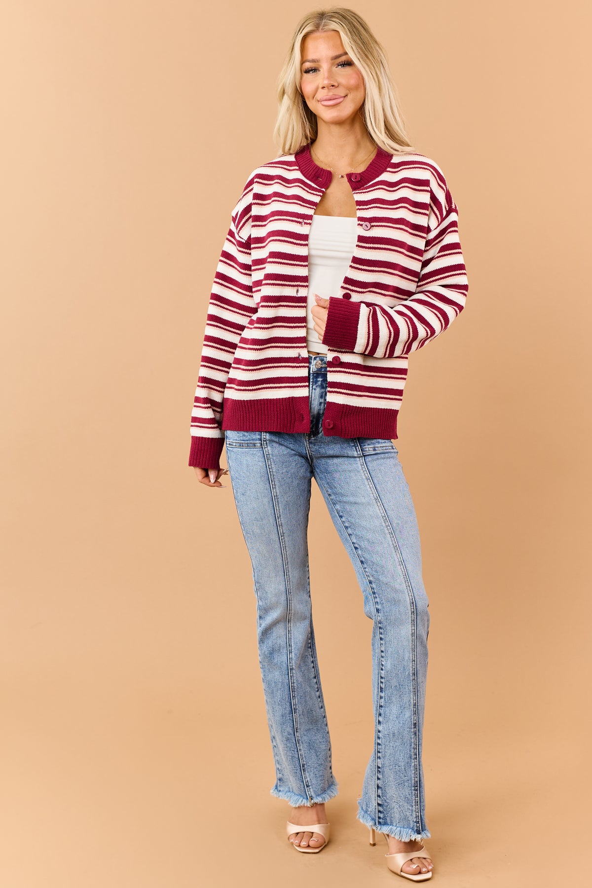Burgundy Chenille Striped Button Up Sweater Cardigan