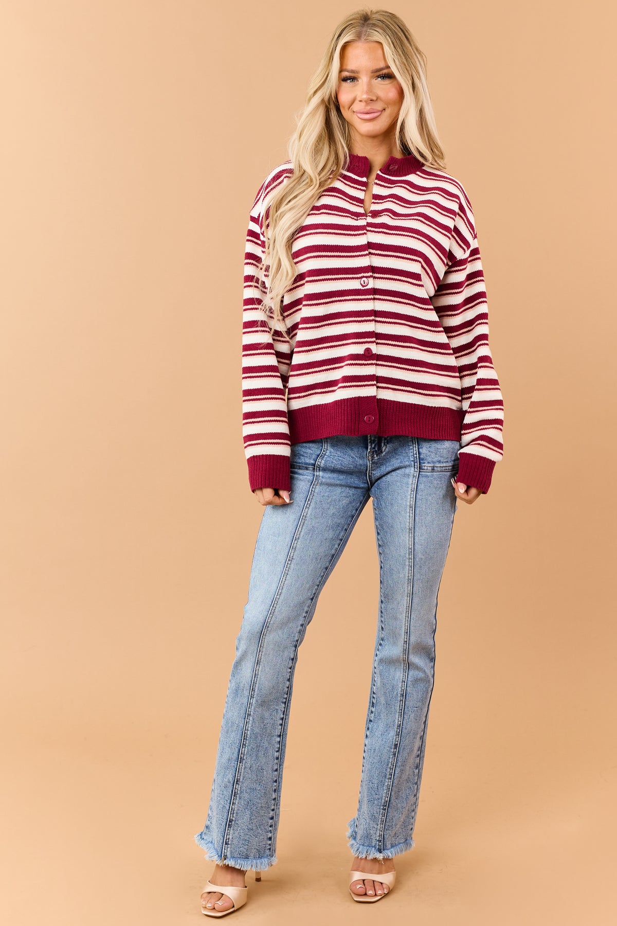 Burgundy Chenille Striped Button Up Sweater Cardigan