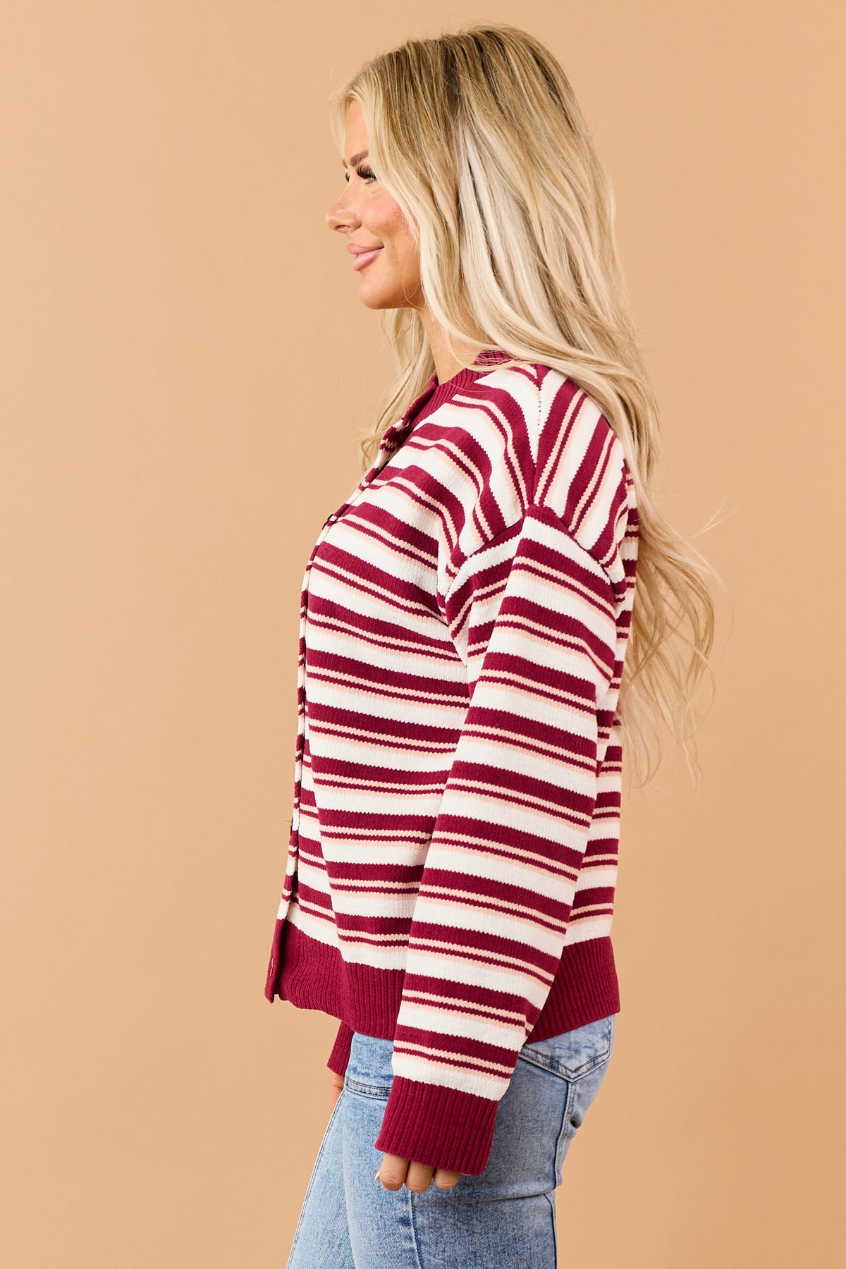 Burgundy Chenille Striped Button Up Sweater Cardigan