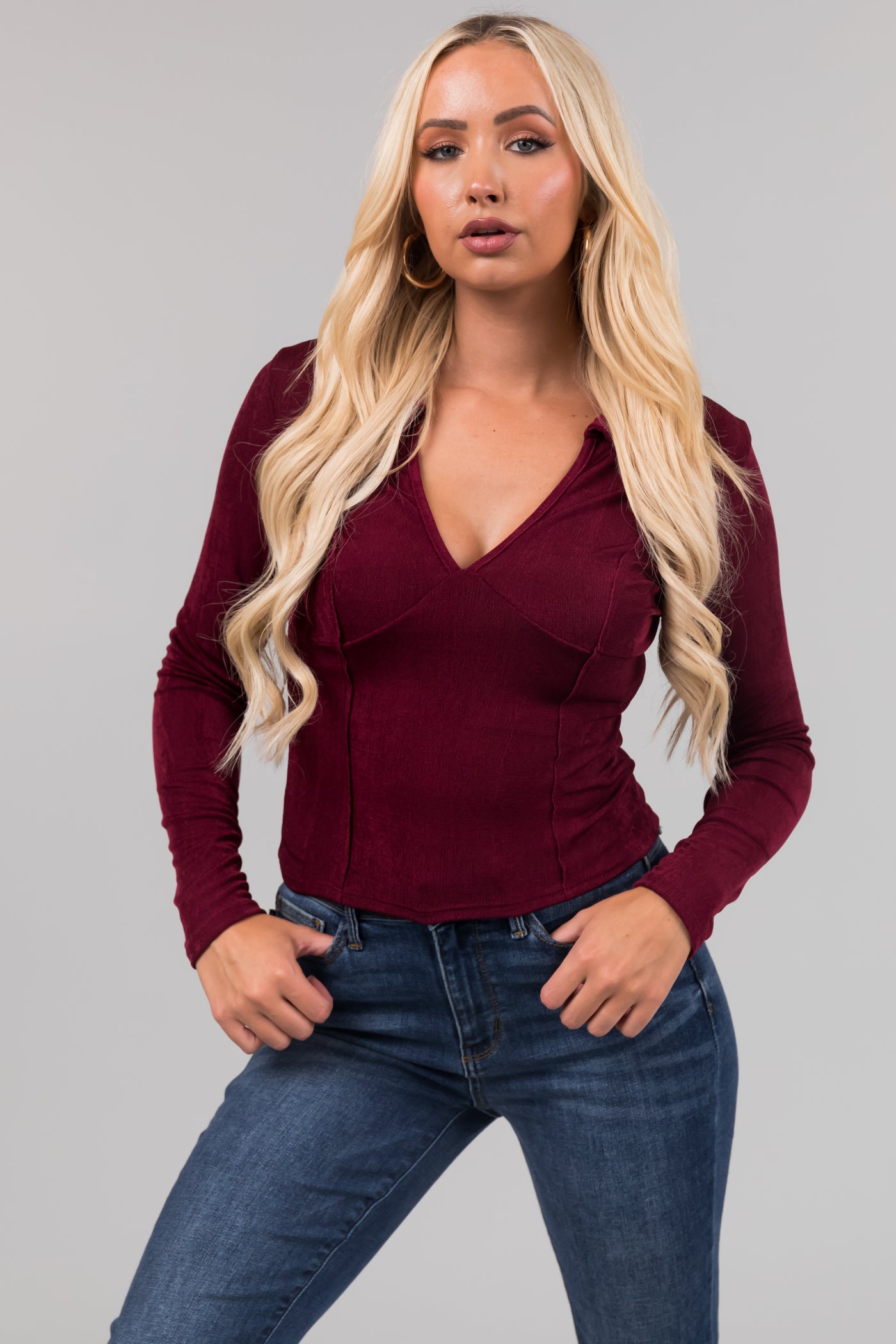 Burgundy Collared Babydoll Shimmery Knit Top