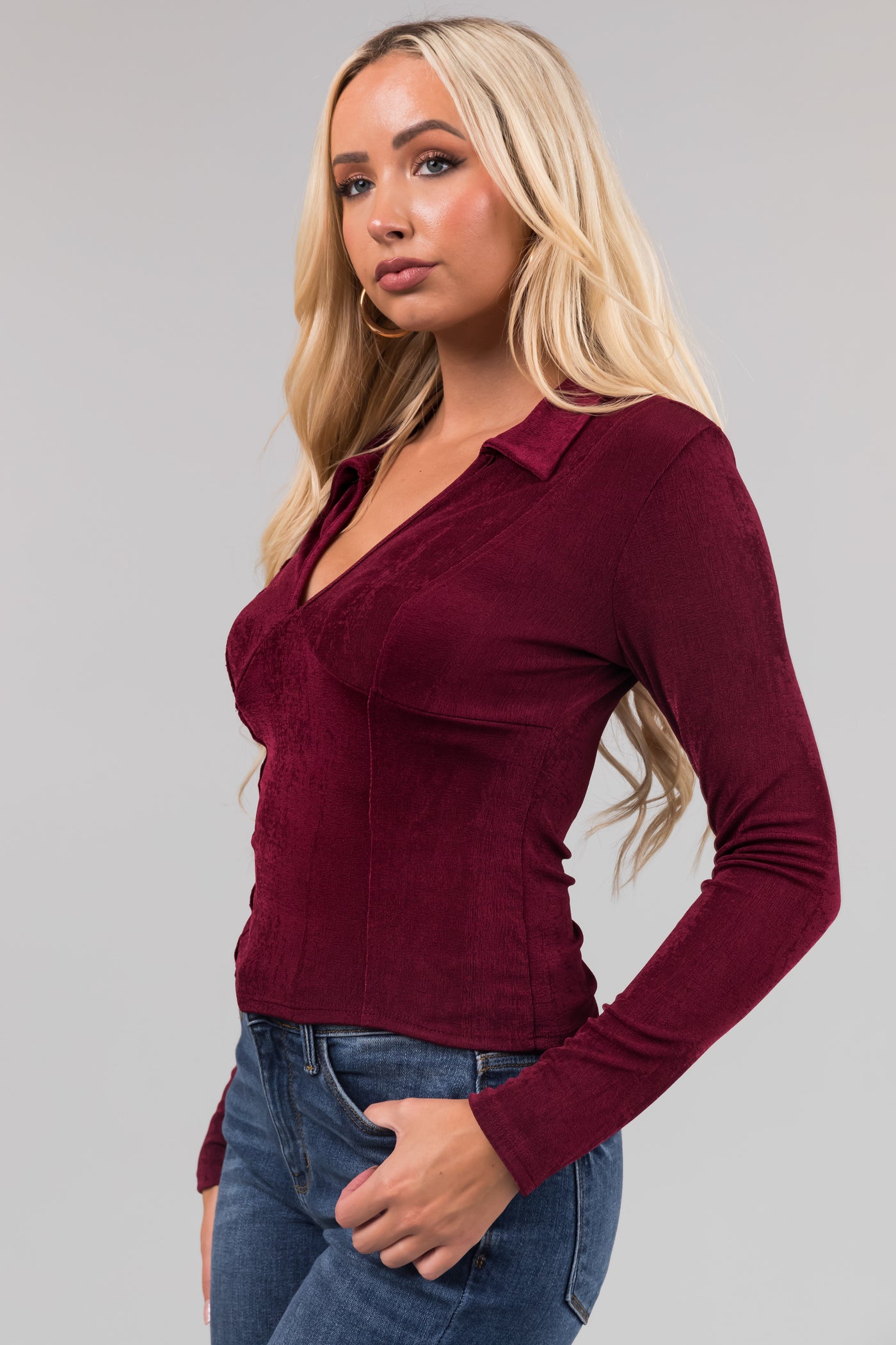 Burgundy Collared Babydoll Shimmery Knit Top