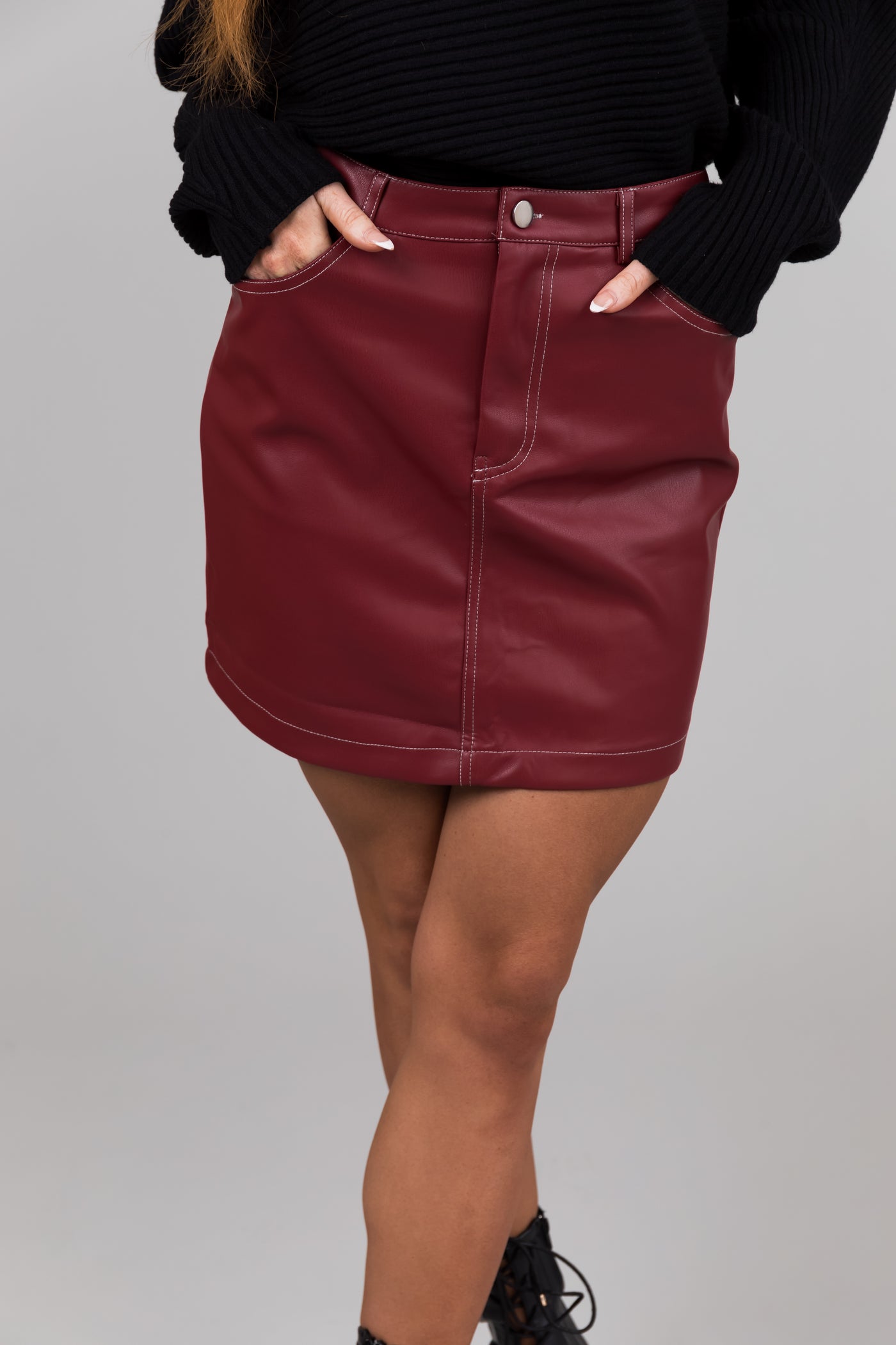 Burgundy Contrast Stitch Pleather Mini Skirt