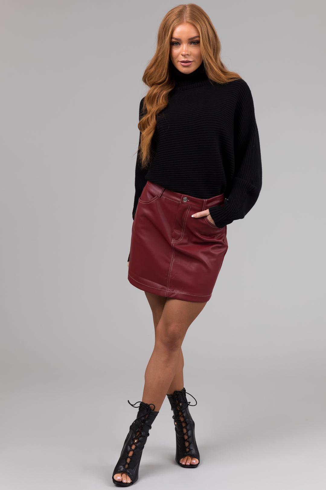 Burgundy Contrast Stitch Pleather Mini Skirt & Lime Lush