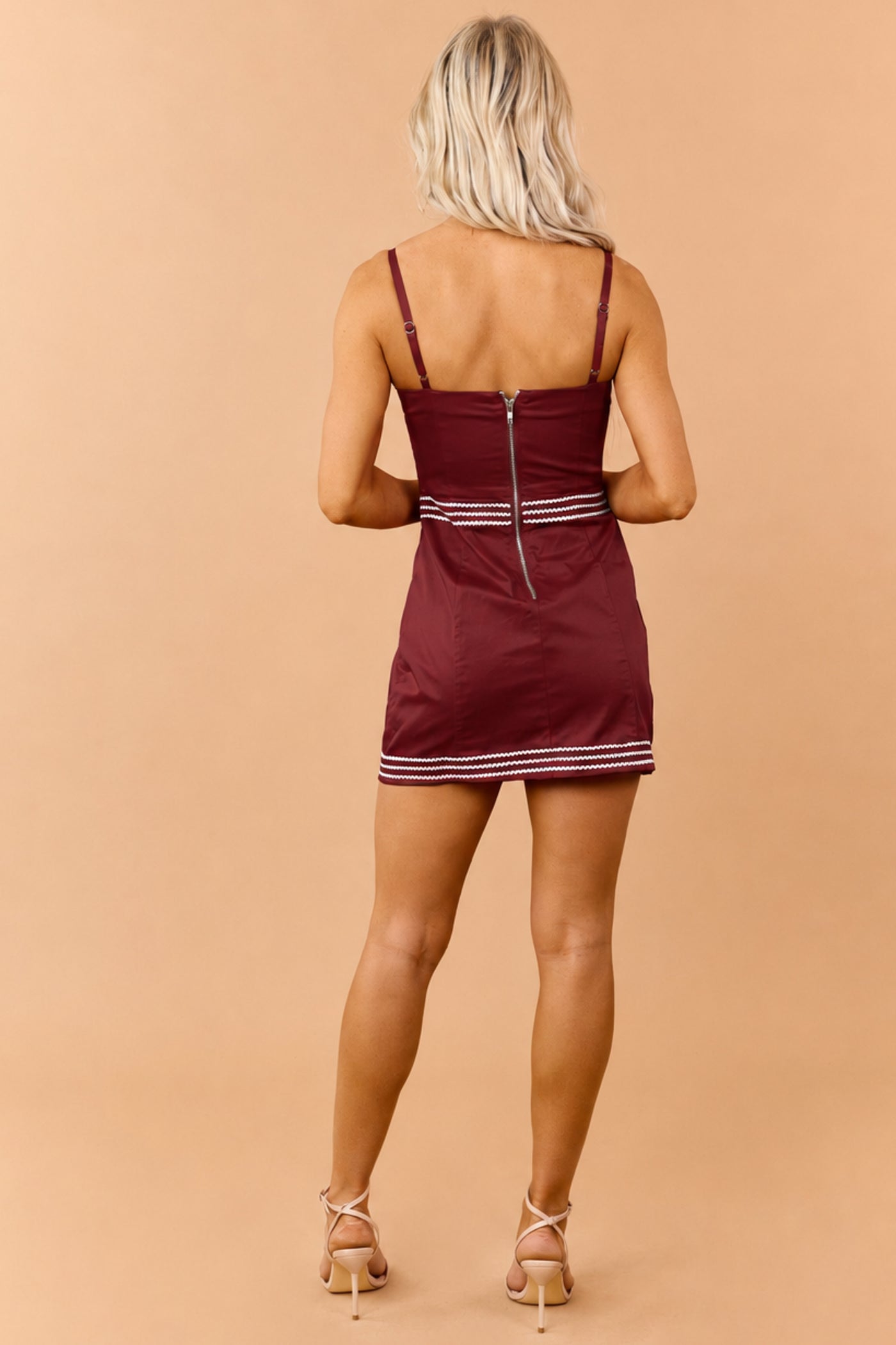 PRE-ORDER Burgundy Cotton Contrast Rick Rack Detail Mini Dress SHIP ETA 8/20