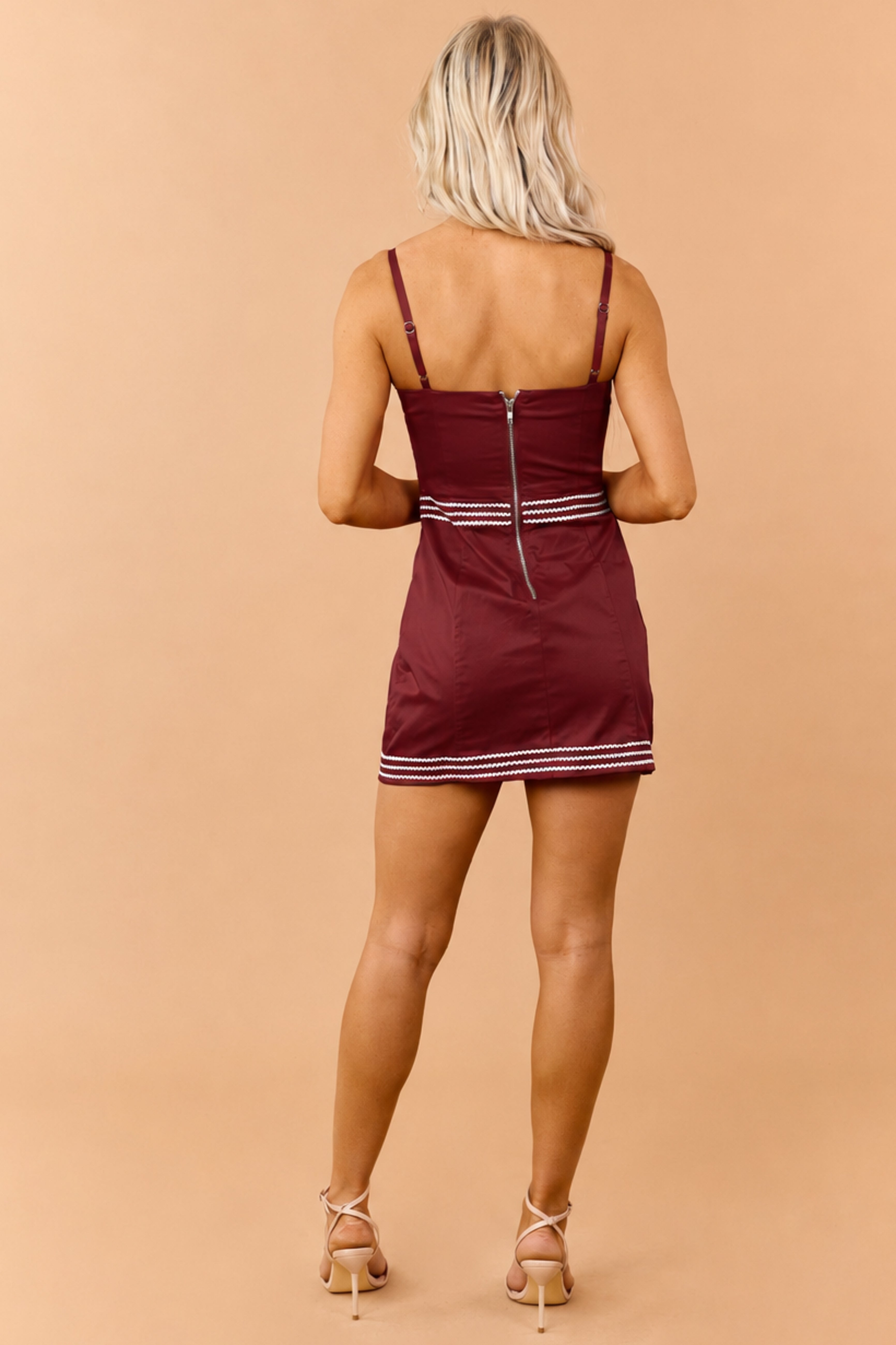 PRE-ORDER Burgundy Cotton Contrast Rick Rack Detail Mini Dress SHIP ETA 8/20