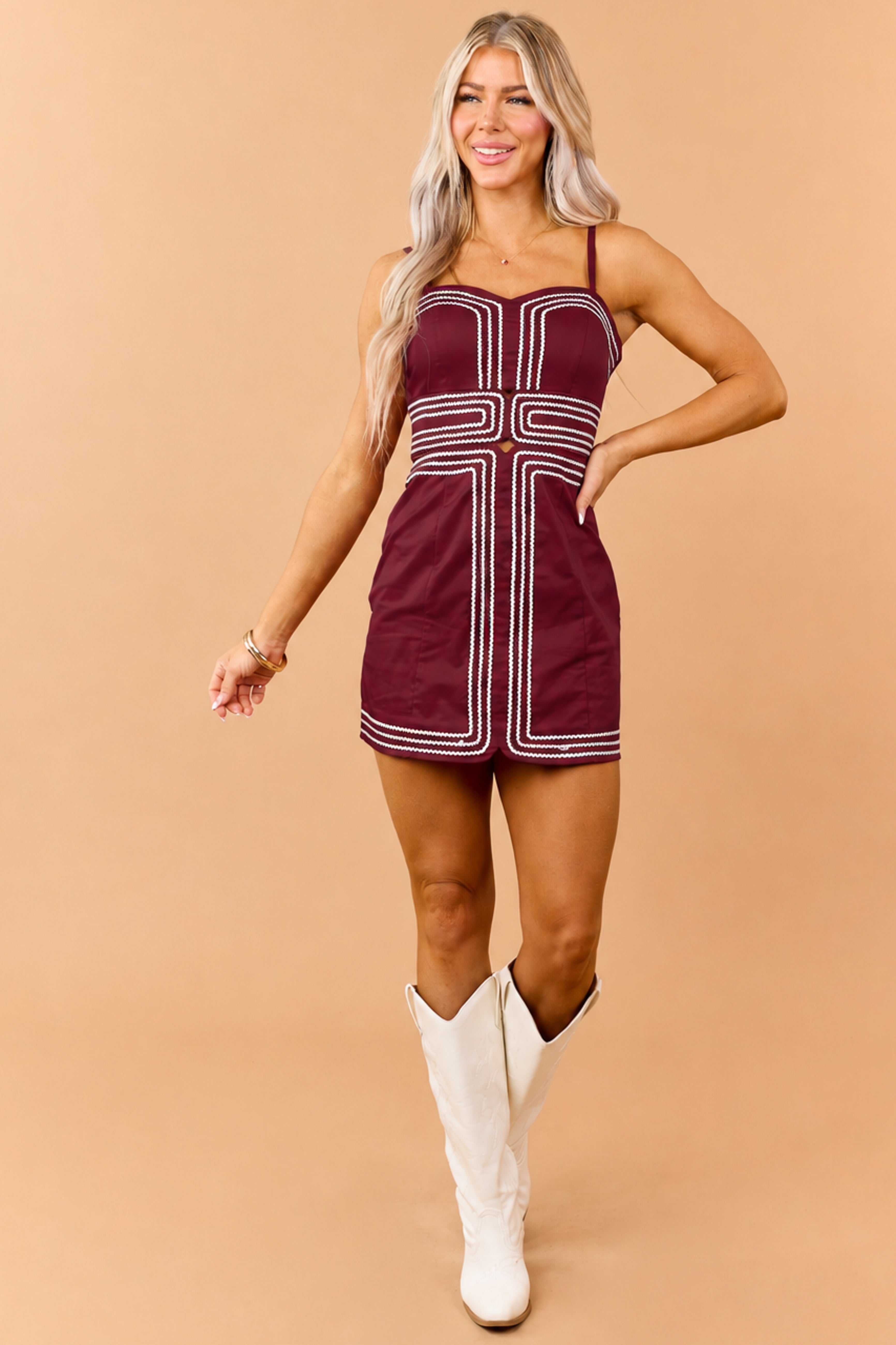 PRE-ORDER Burgundy Cotton Contrast Rick Rack Detail Mini Dress SHIP ETA 8/20