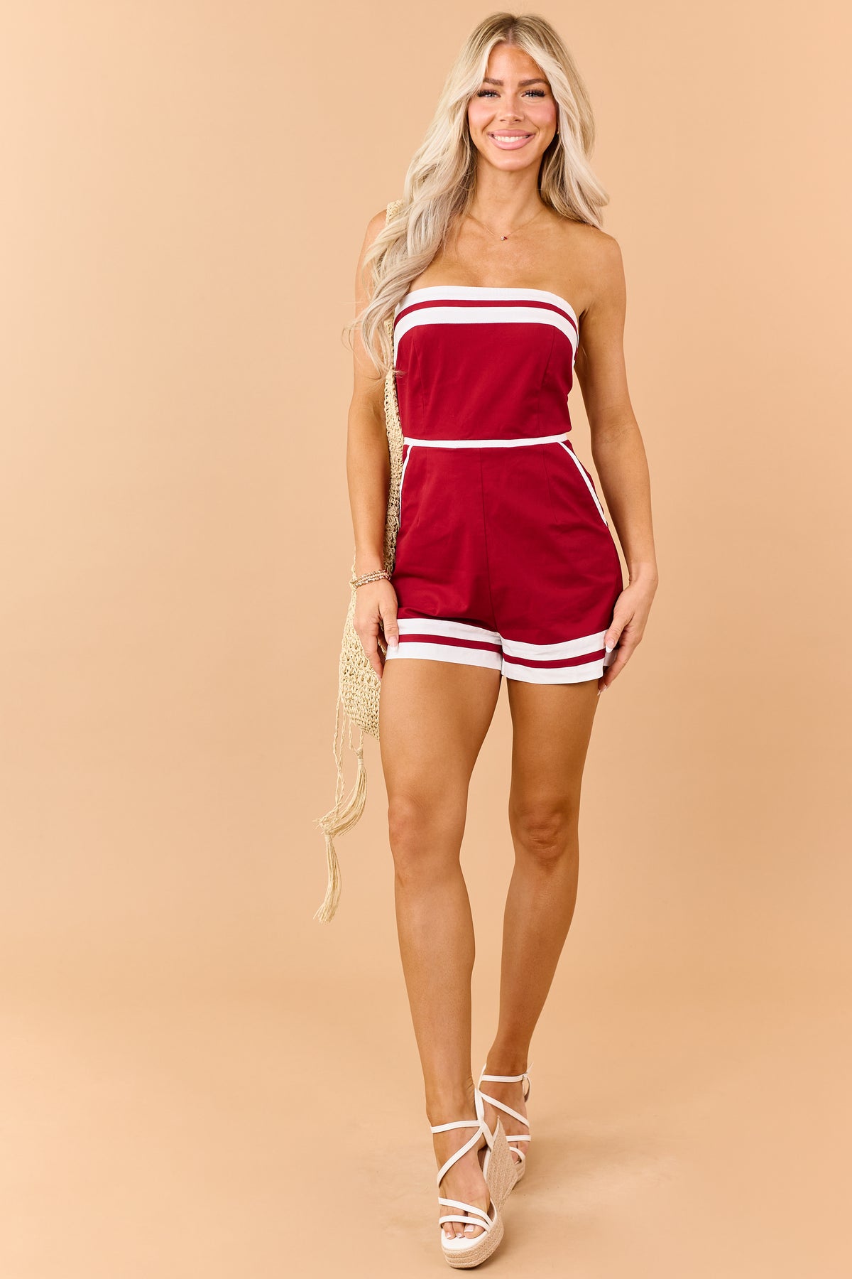 Burgundy Denim Contrast Trim Strapless Romper