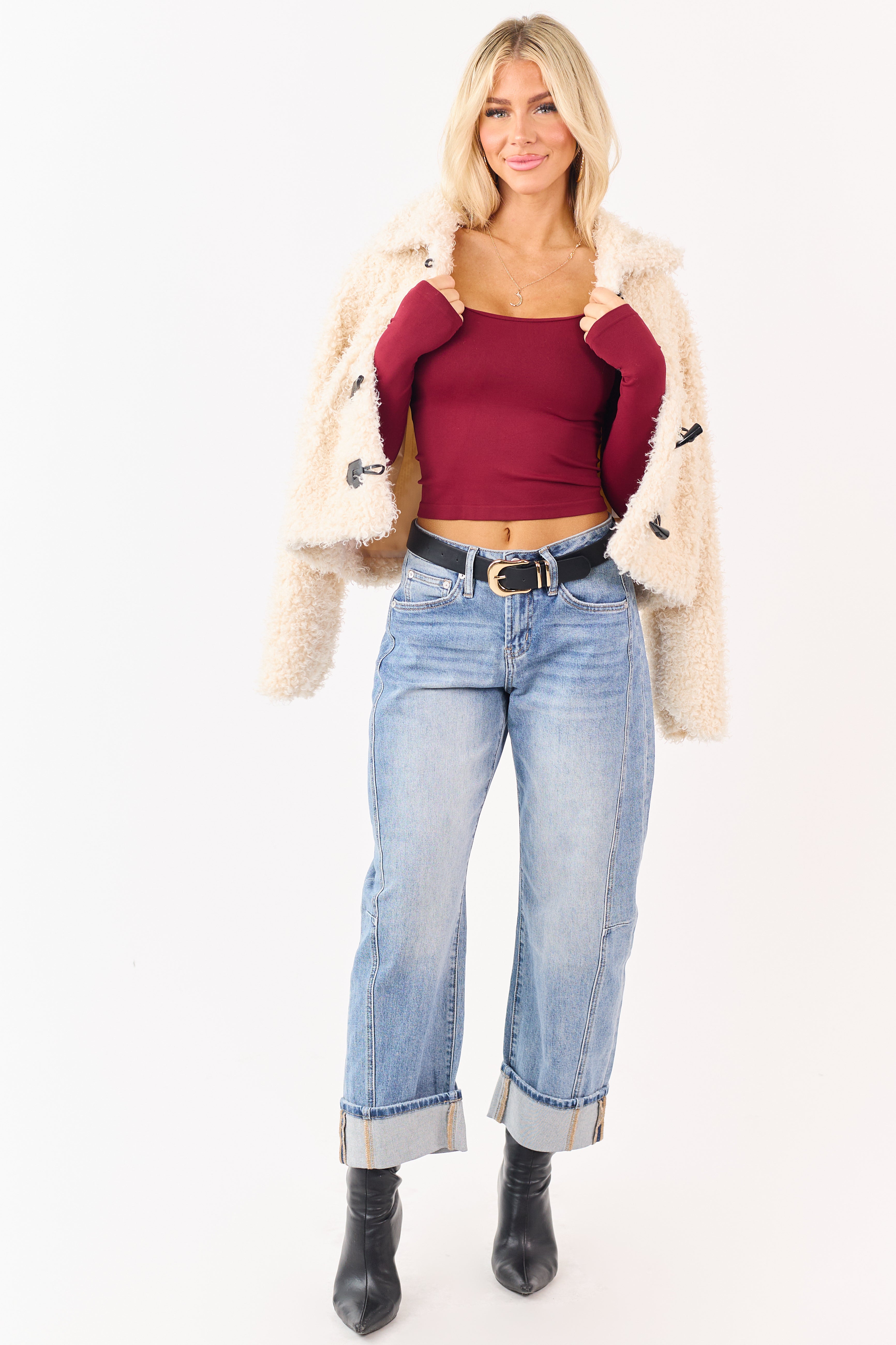 Burgundy Double Layer Square Neck Fitted Knit Crop Top