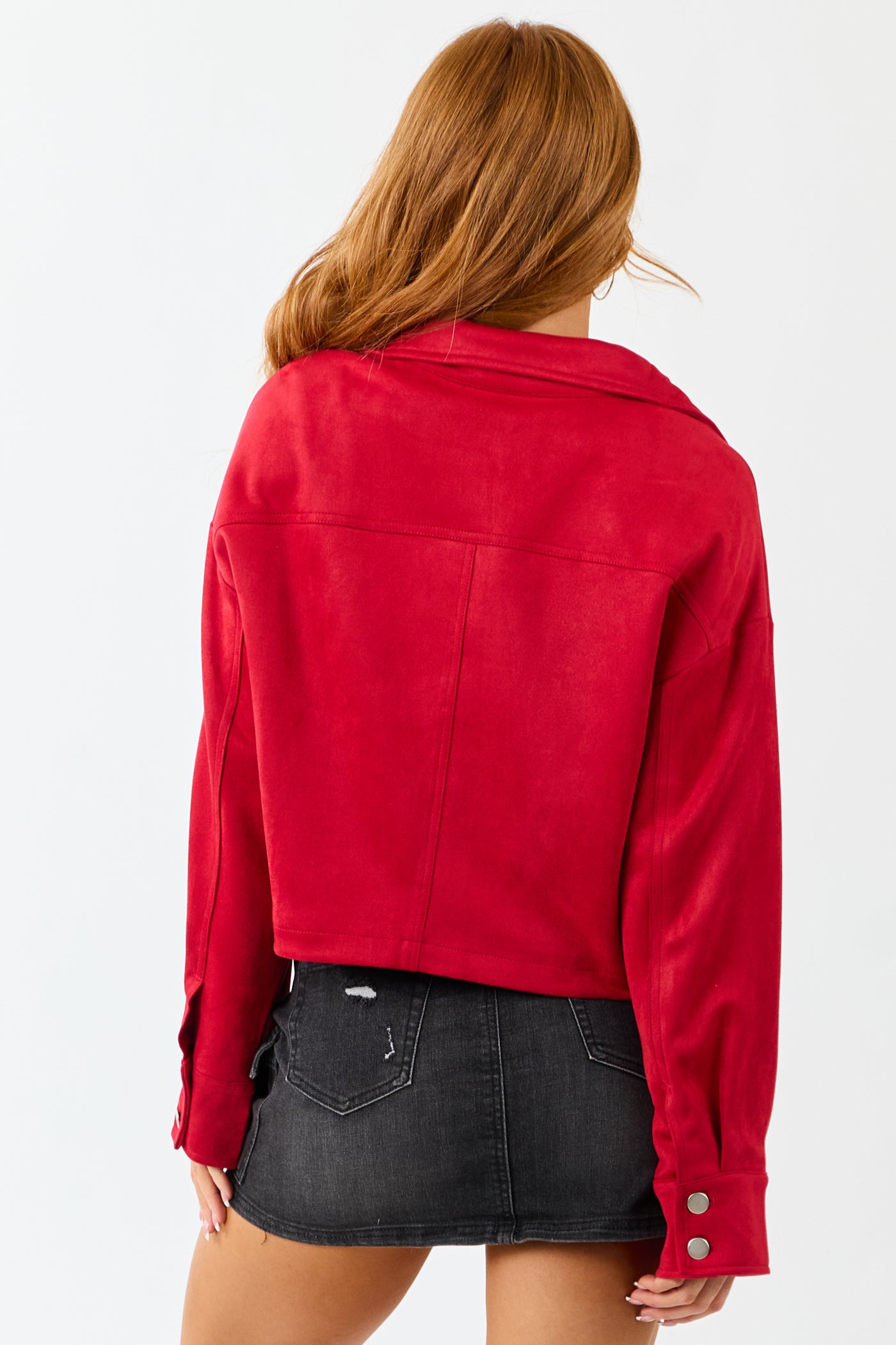 Crimson Faux Suede Long Sleeve Zip Up Jacket