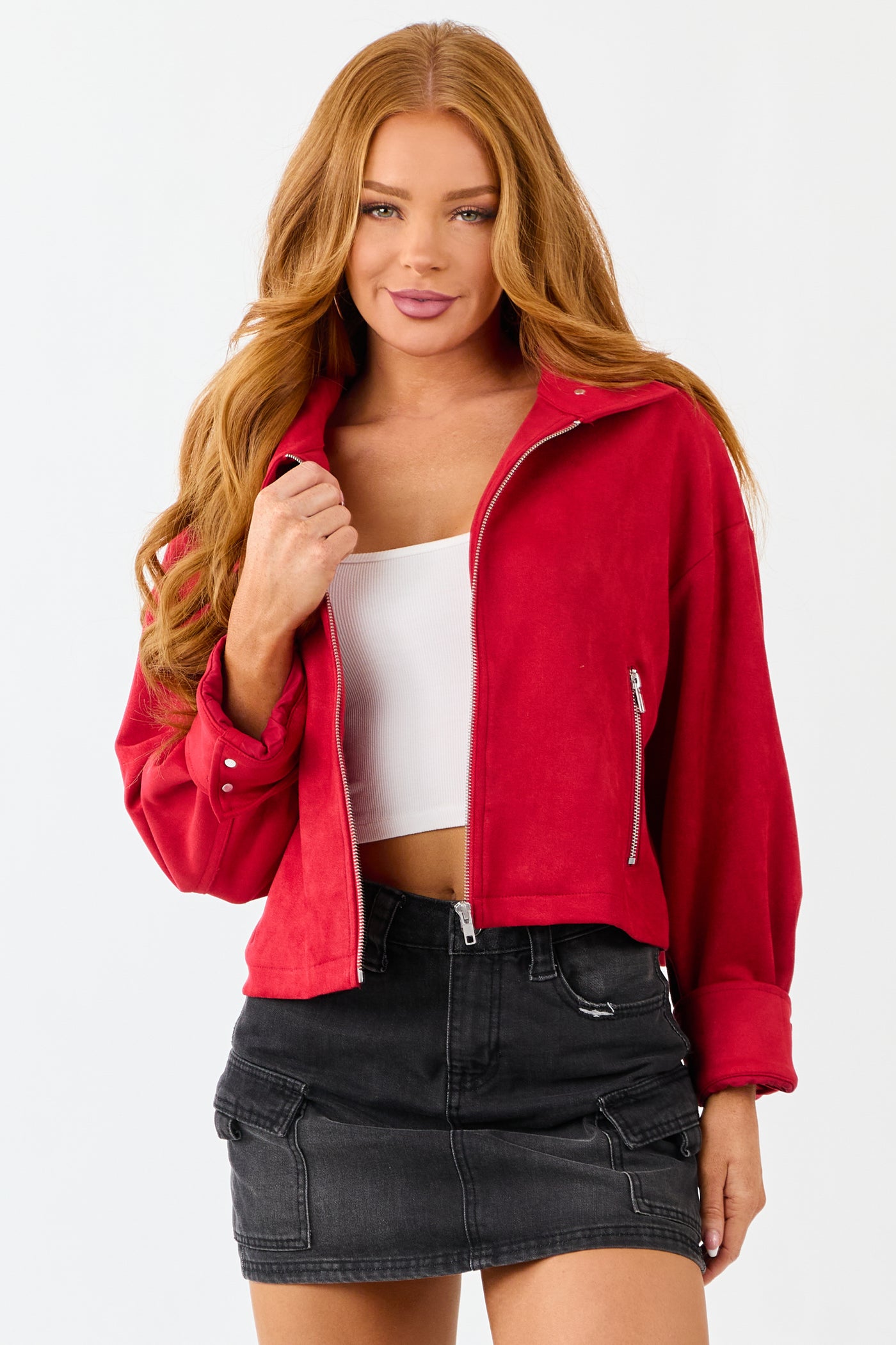 Crimson Faux Suede Long Sleeve Zip Up Jacket
