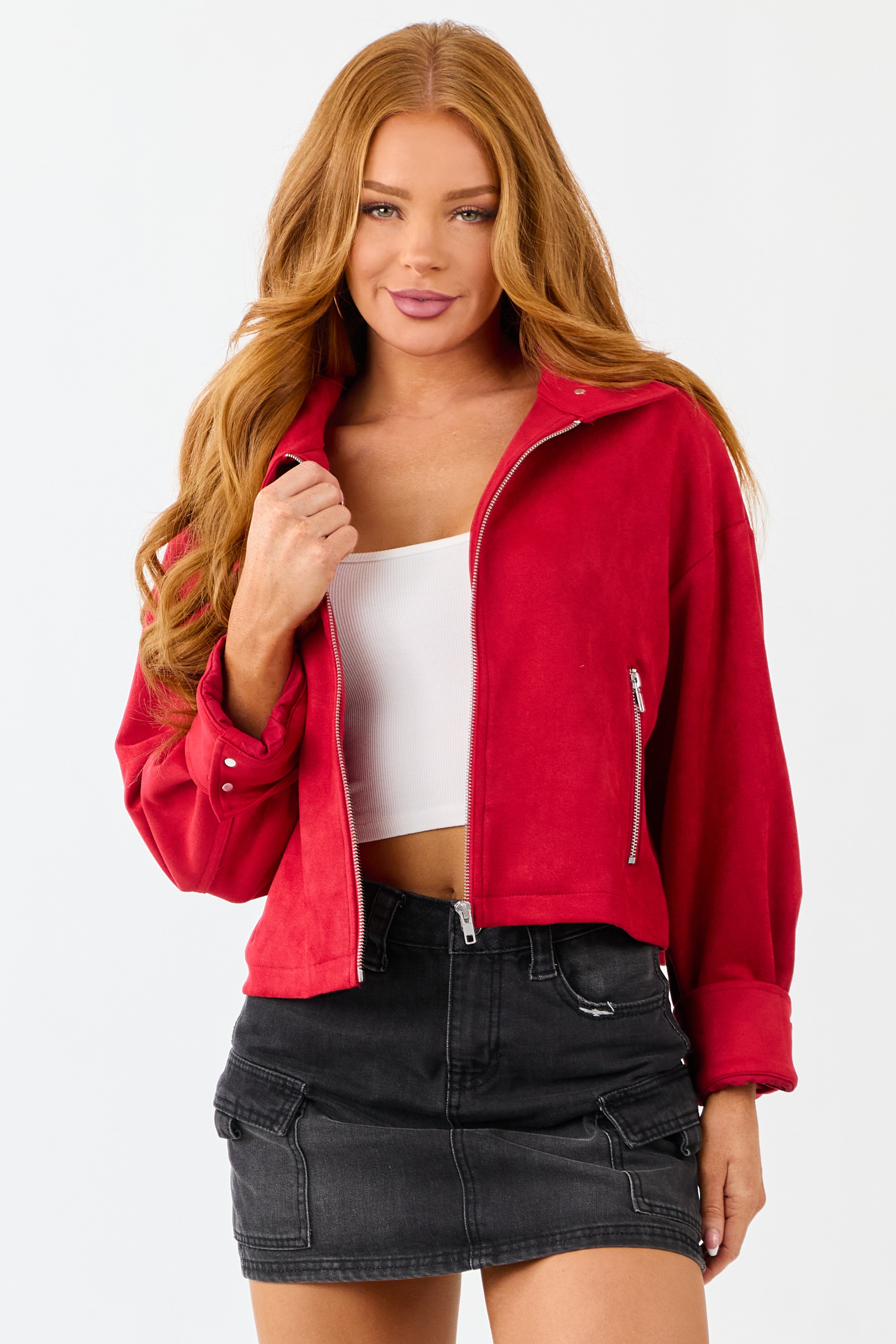 Crimson Faux Suede Long Sleeve Zip Up Jacket