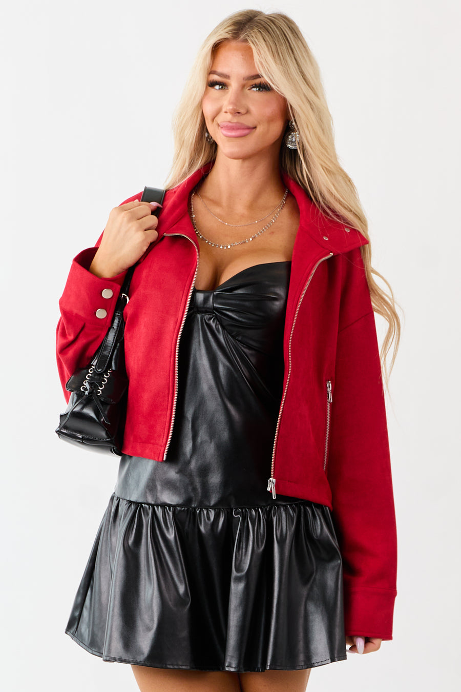 Crimson Faux Suede Long Sleeve Zip Up Jacket
