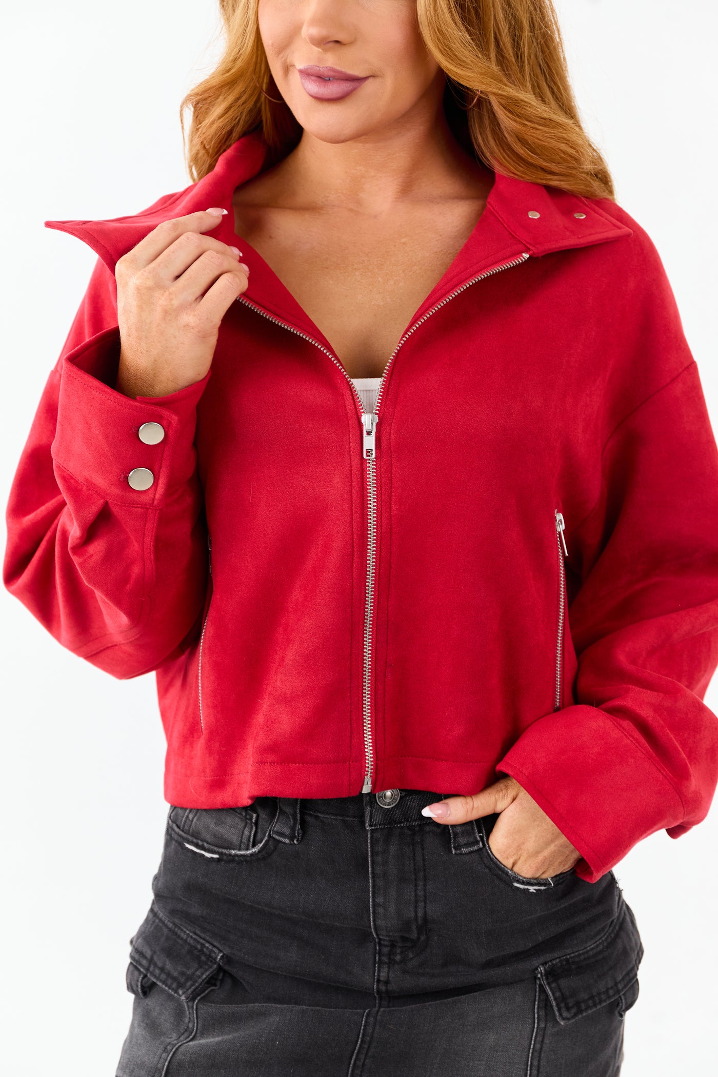 Crimson Faux Suede Long Sleeve Zip Up Jacket