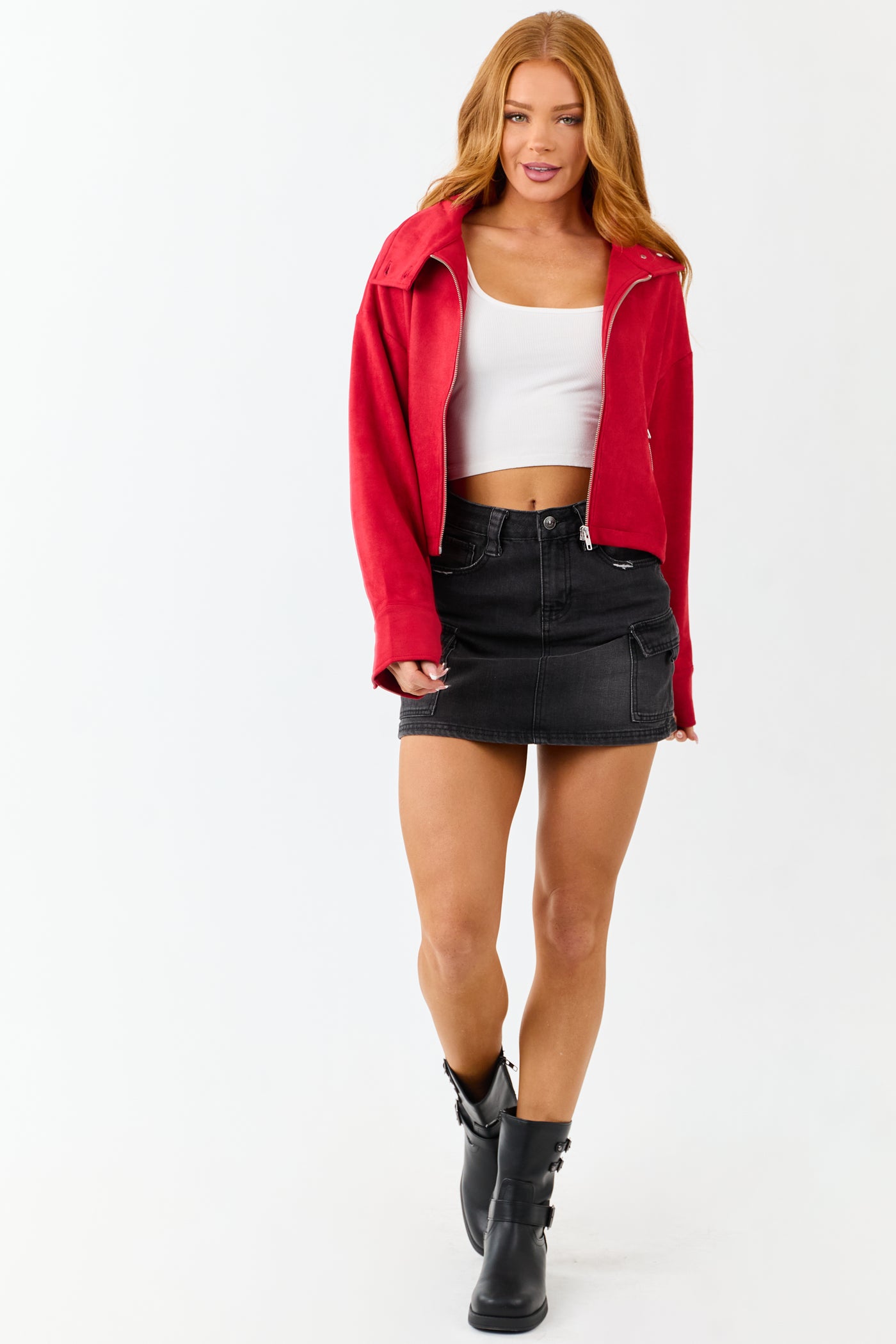 Crimson Faux Suede Long Sleeve Zip Up Jacket