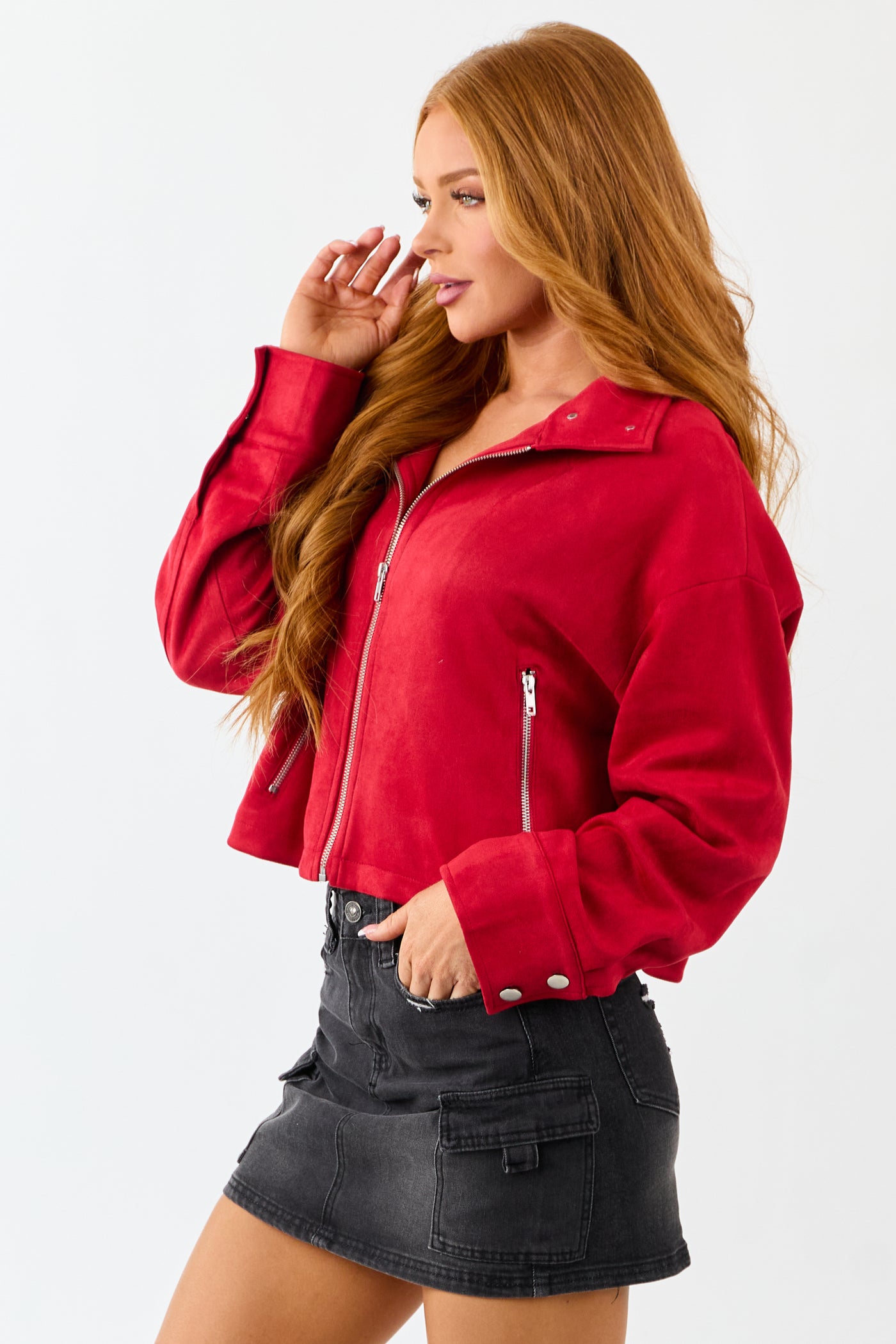 Crimson Faux Suede Long Sleeve Zip Up Jacket