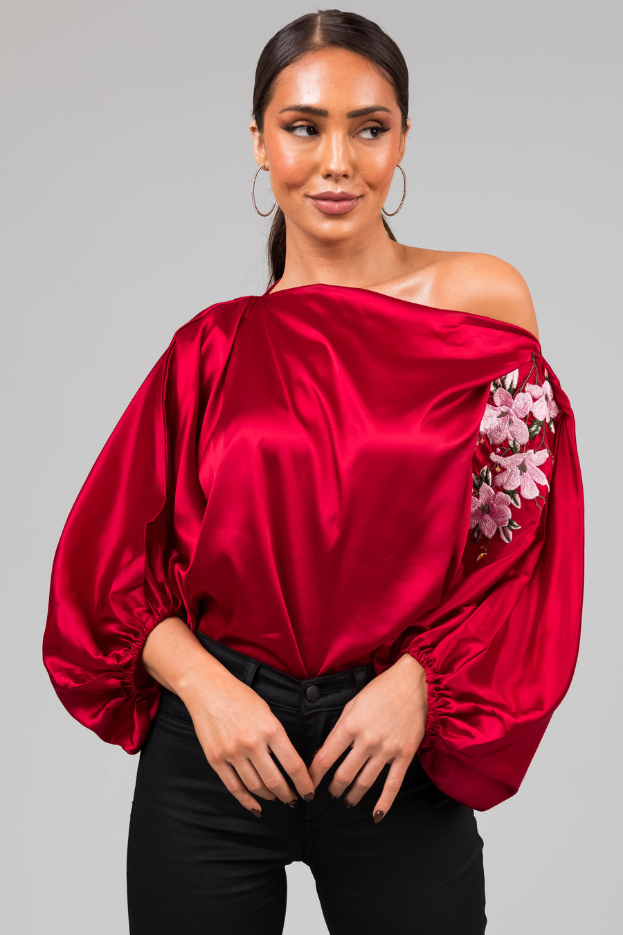 Burgundy Floral Embroidery Satin Blouse