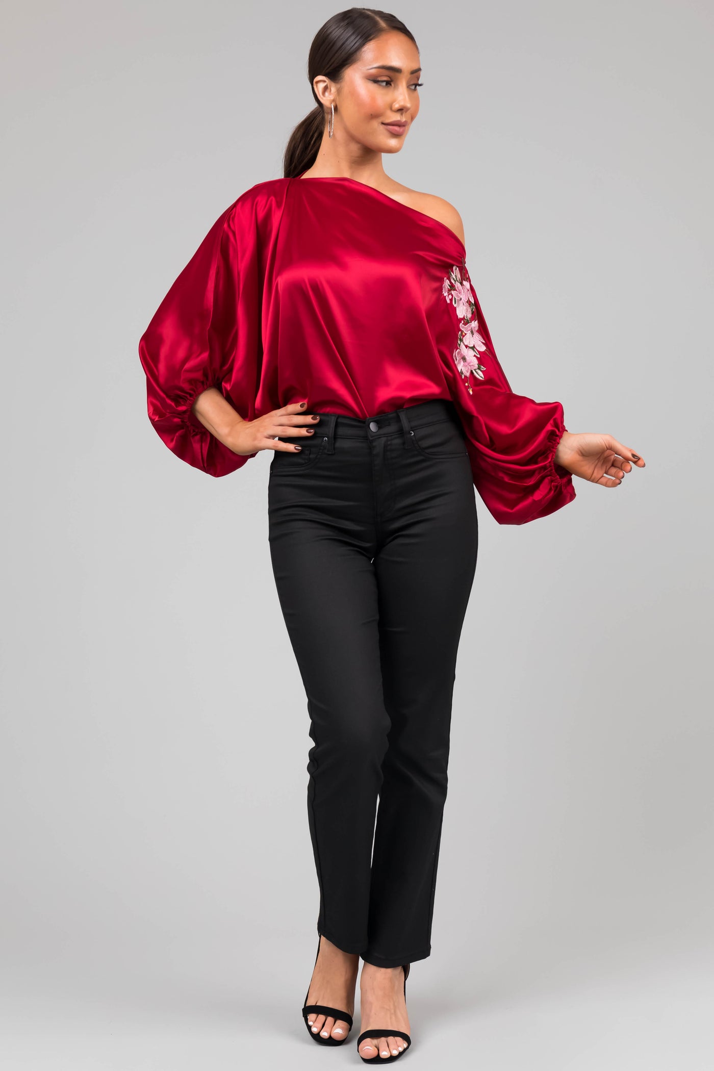 Burgundy Floral Embroidery Satin Blouse
