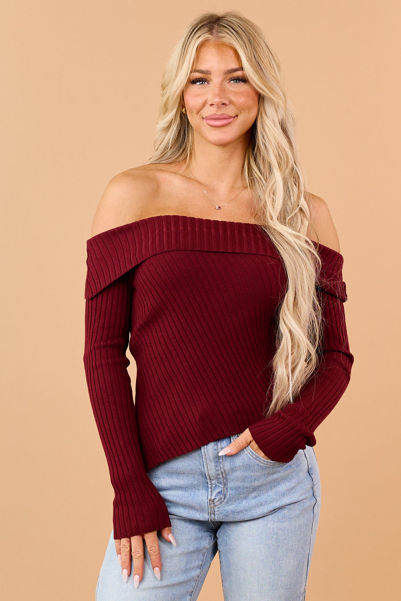 Burgundy Fold Over Off Shoulder Crop Sweater
