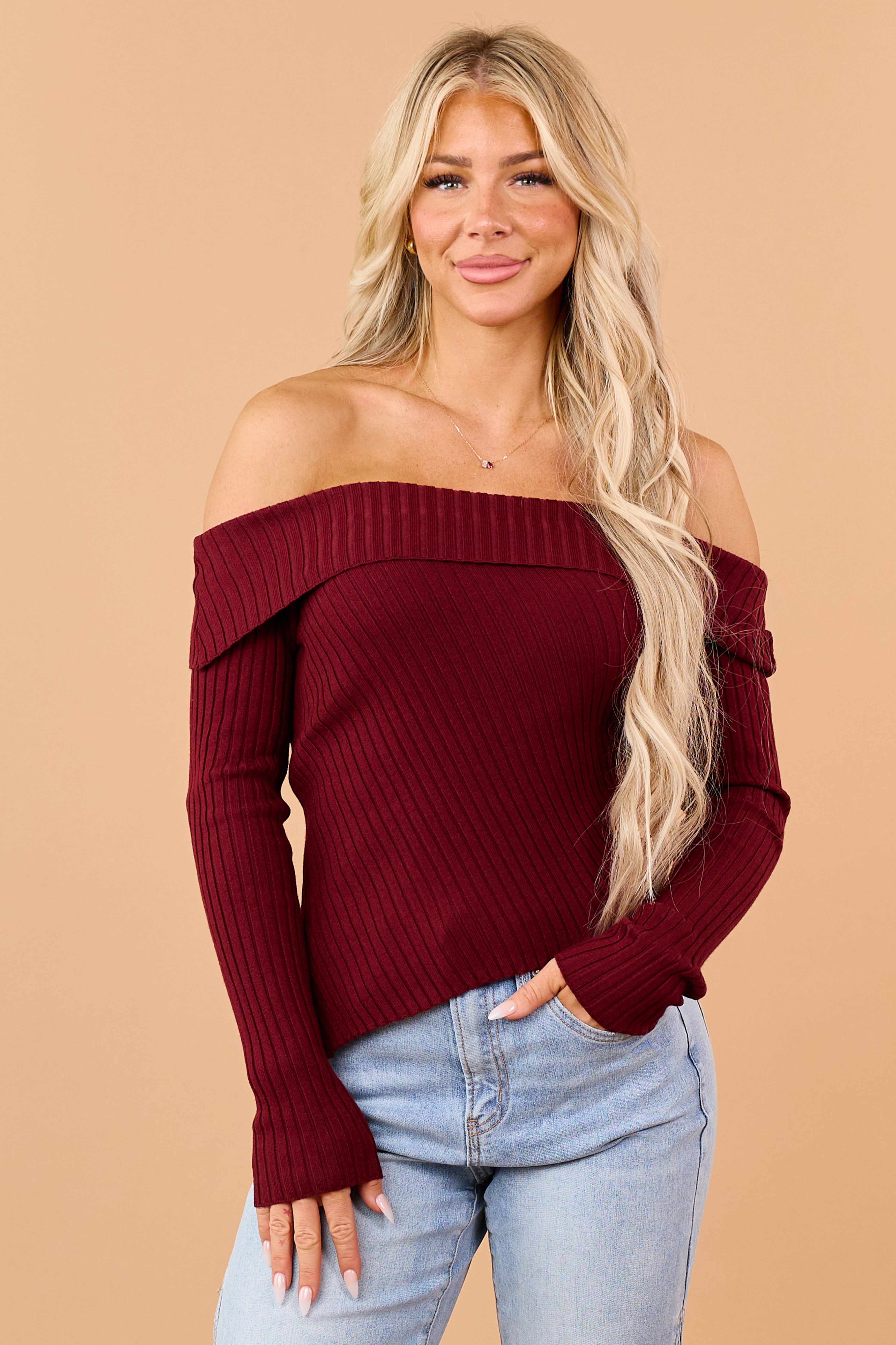 Burgundy Fold Over Off Shoulder Crop Sweater