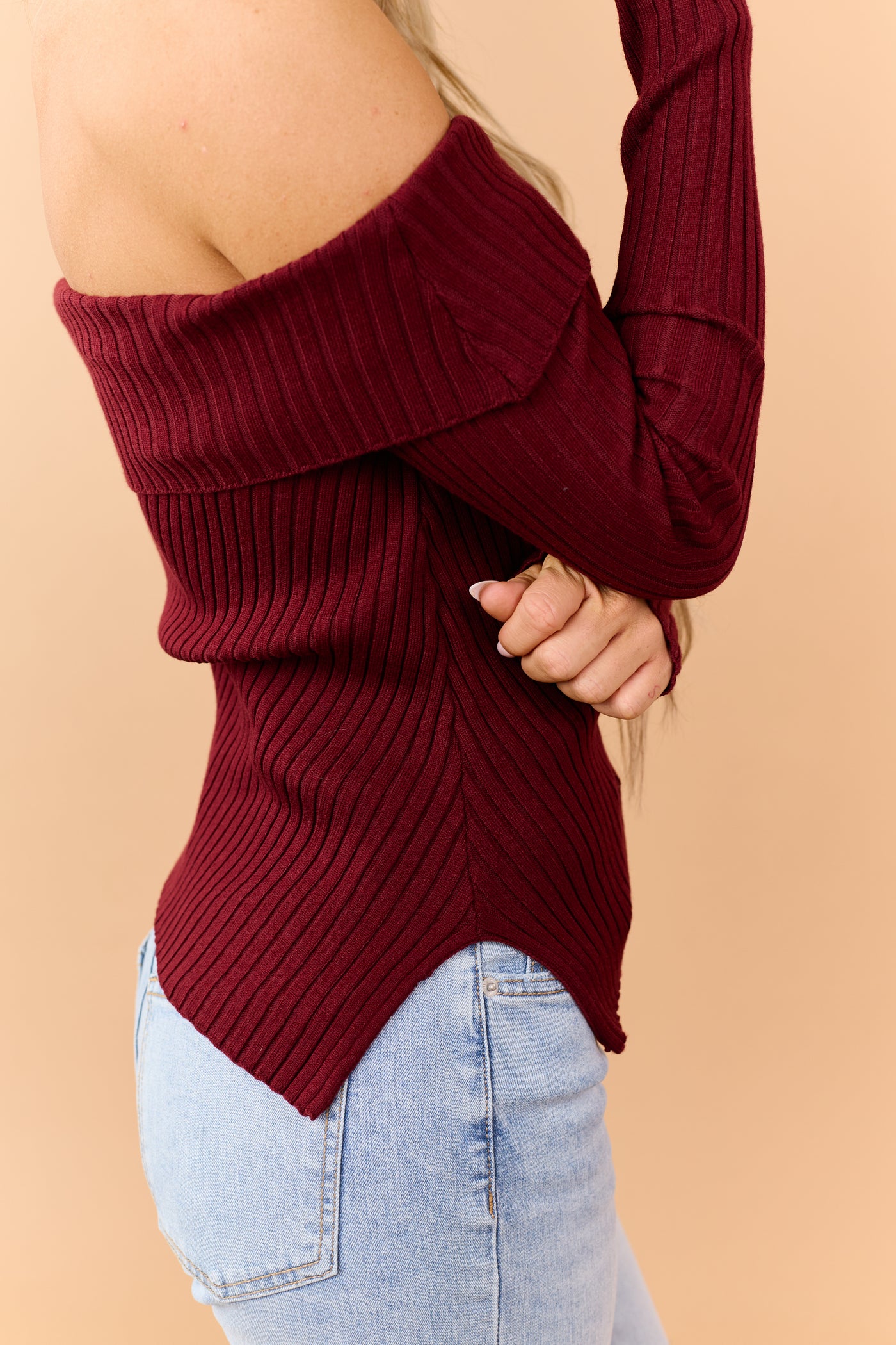 Burgundy Fold Over Off Shoulder Crop Sweater