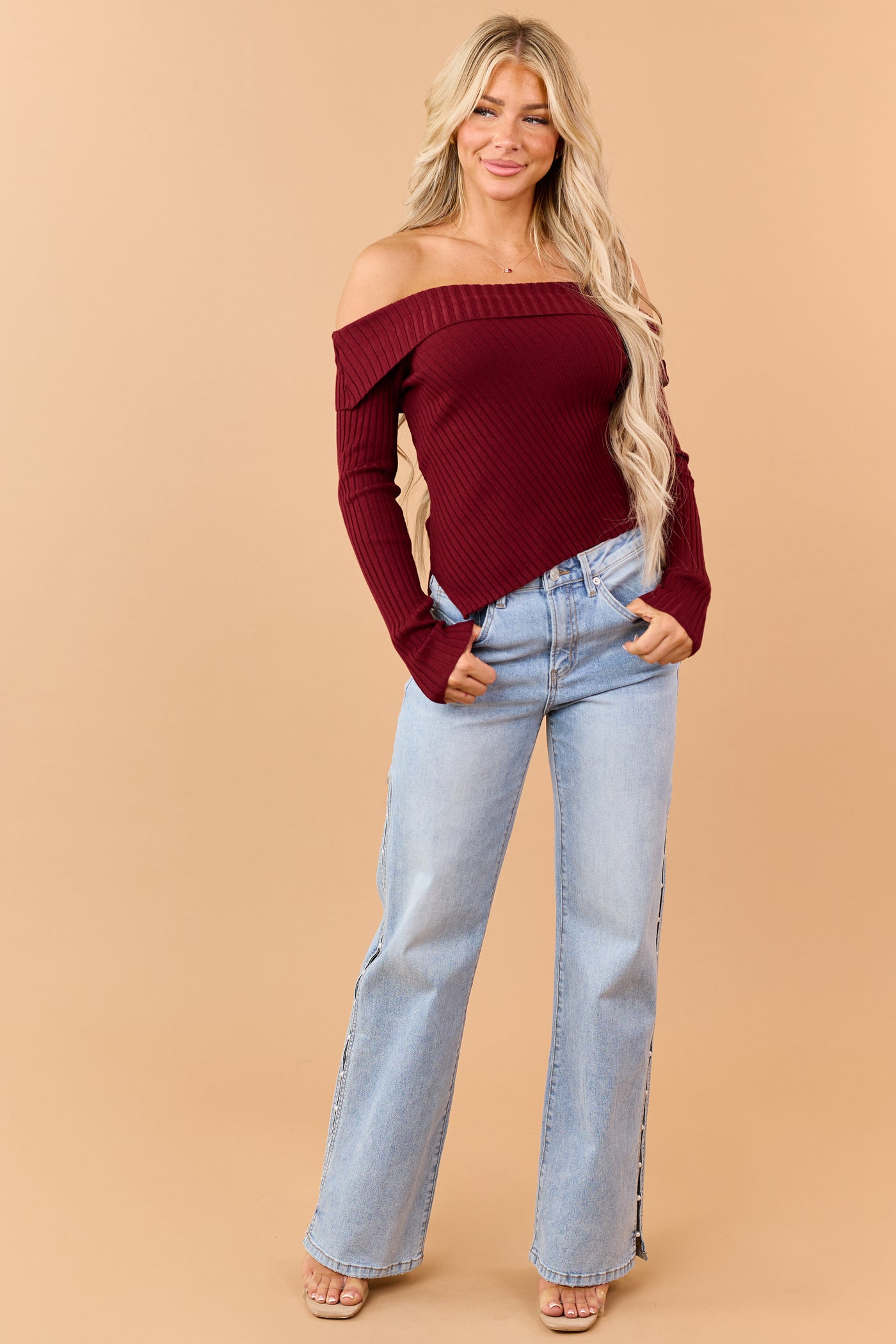 Burgundy Fold Over Off Shoulder Crop Sweater