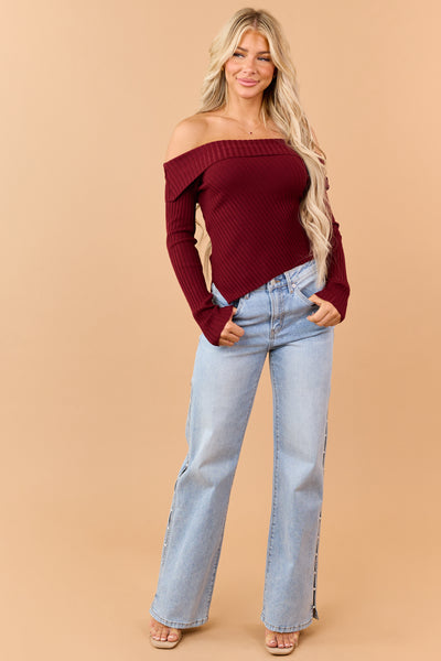 Burgundy Fold Over Off Shoulder Crop Sweater