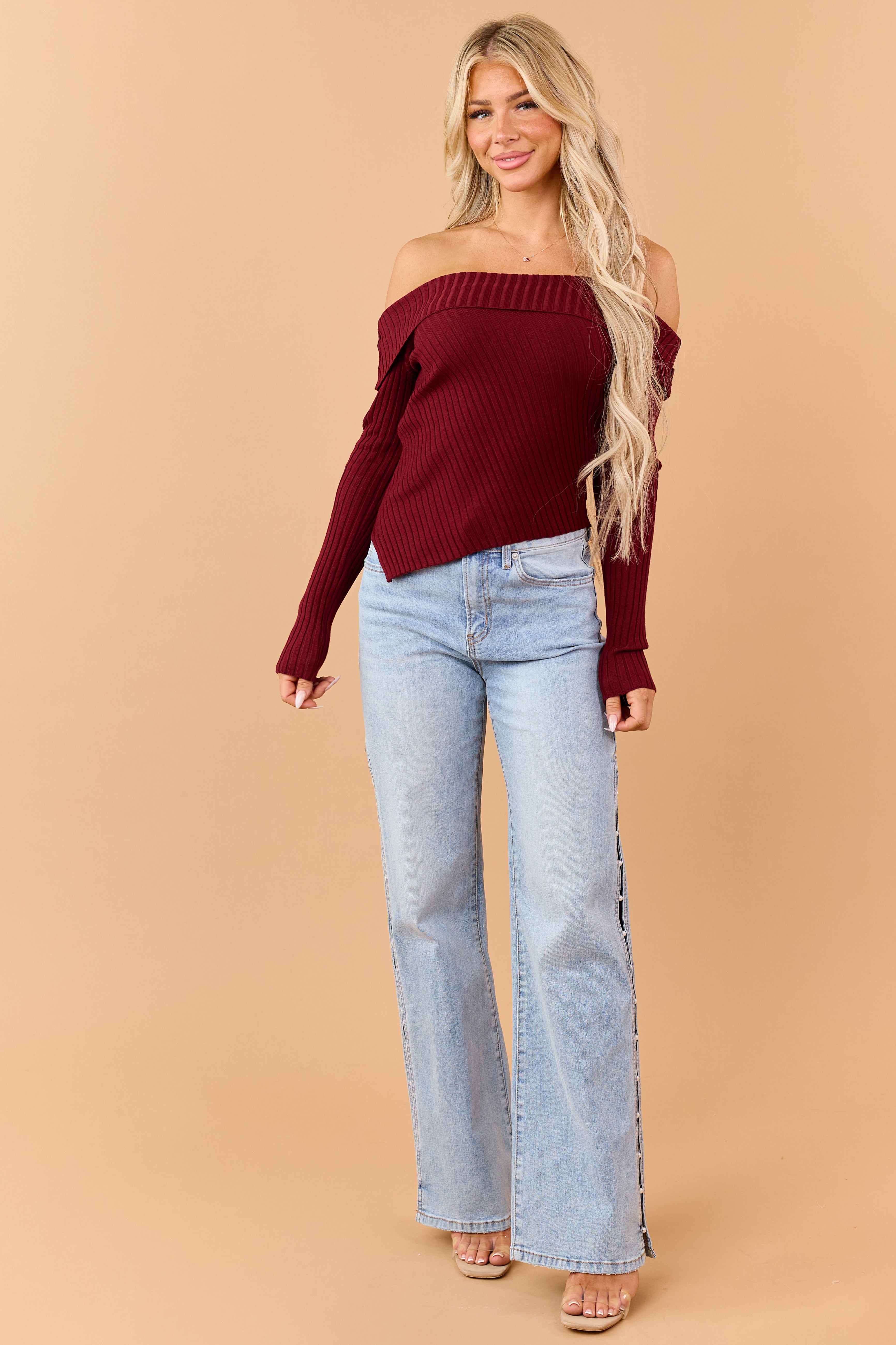 Burgundy Fold Over Off Shoulder Crop Sweater