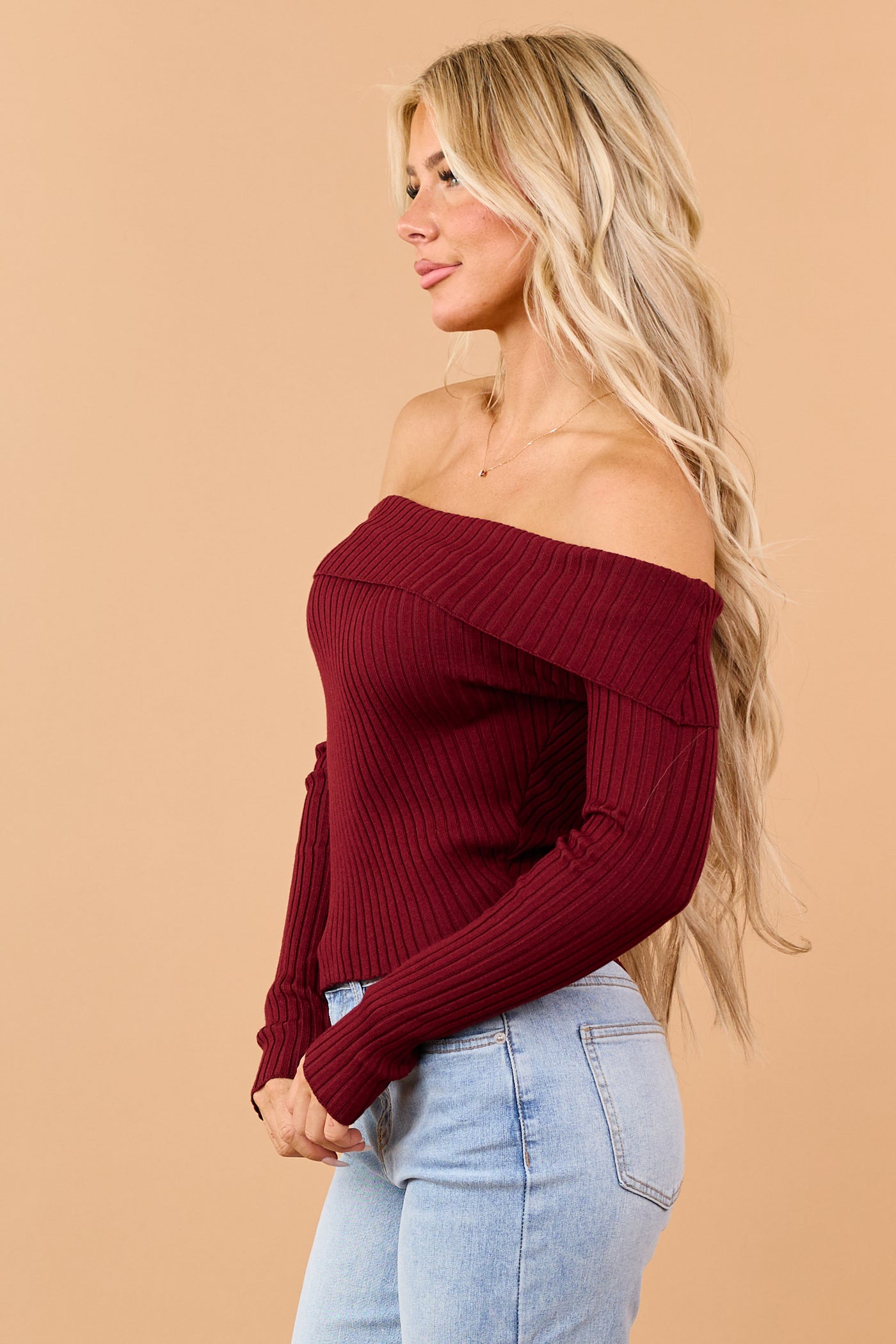 Burgundy Fold Over Off Shoulder Crop Sweater