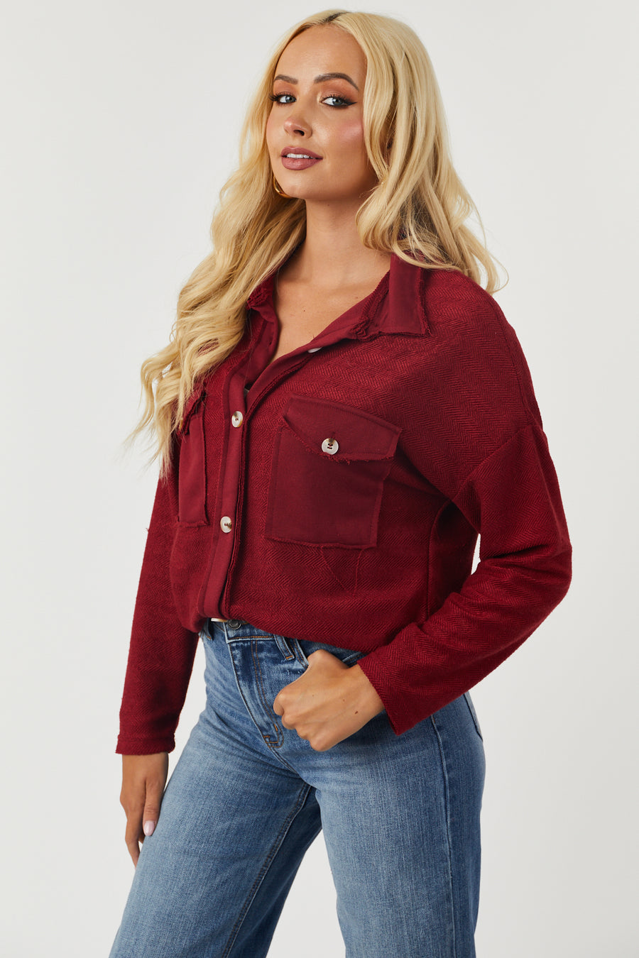 Burgundy French Terry Relaxed Shirt Jacket