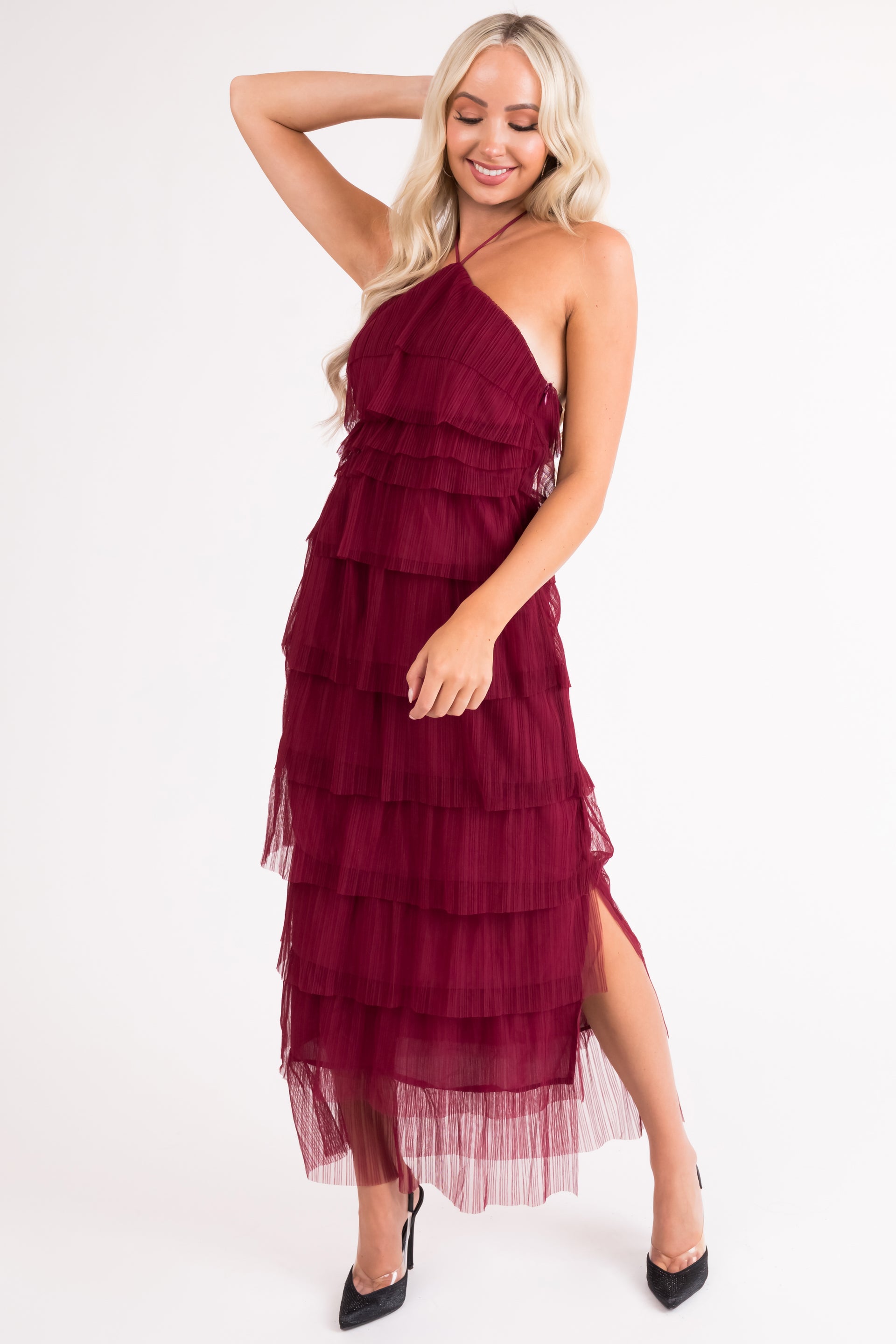 Halter Tiered Pleated Tulle Midi Dress