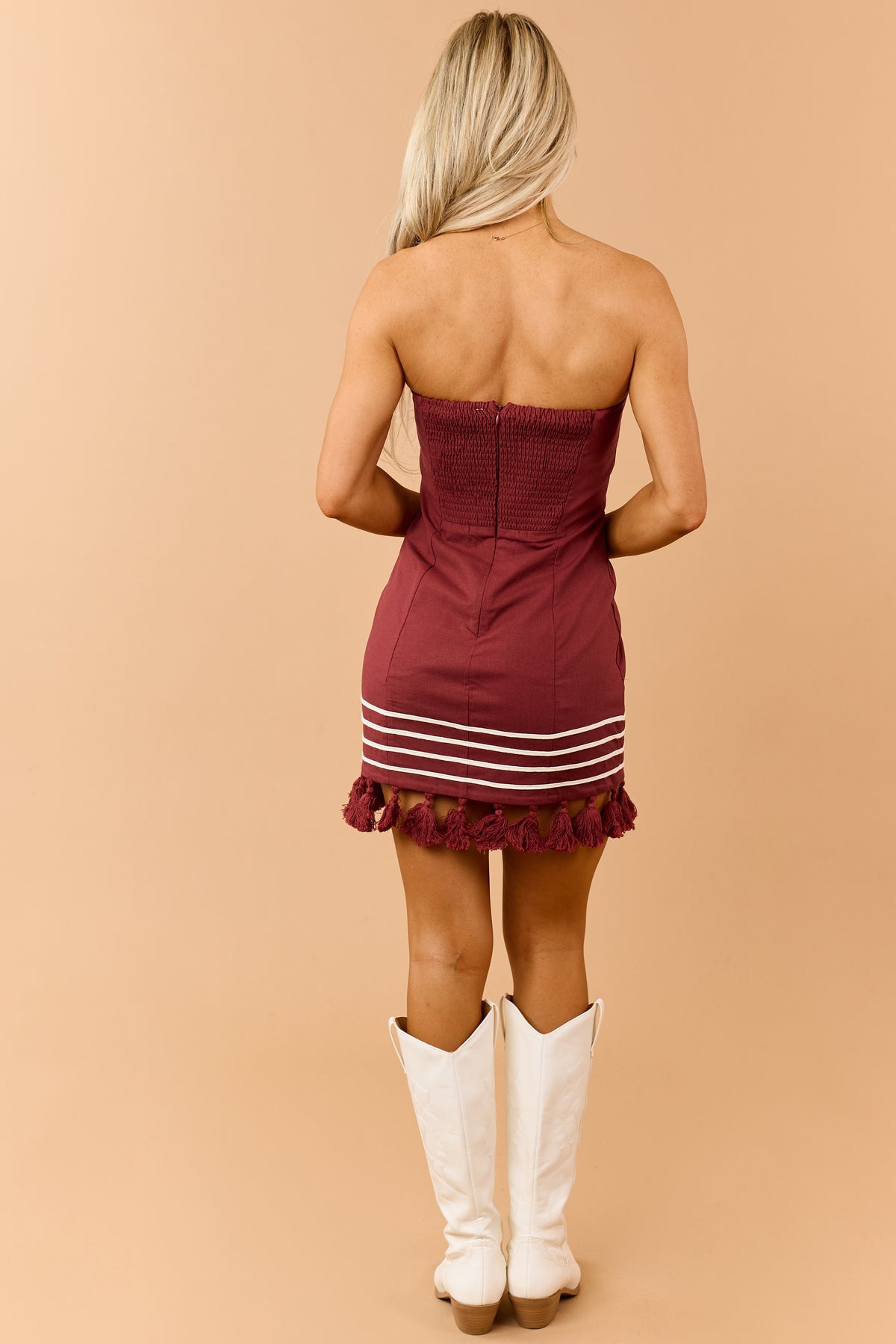 Burgundy Linen Blend Strapless Tassel Hem Mini Dress