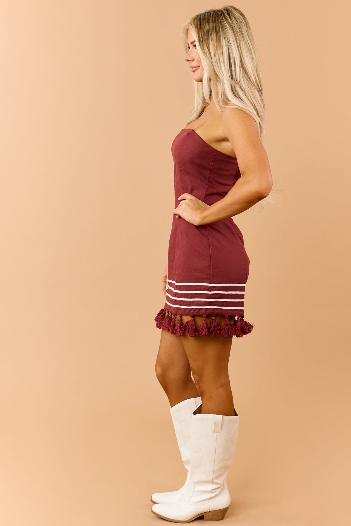 Burgundy Linen Blend Strapless Tassel Hem Mini Dress