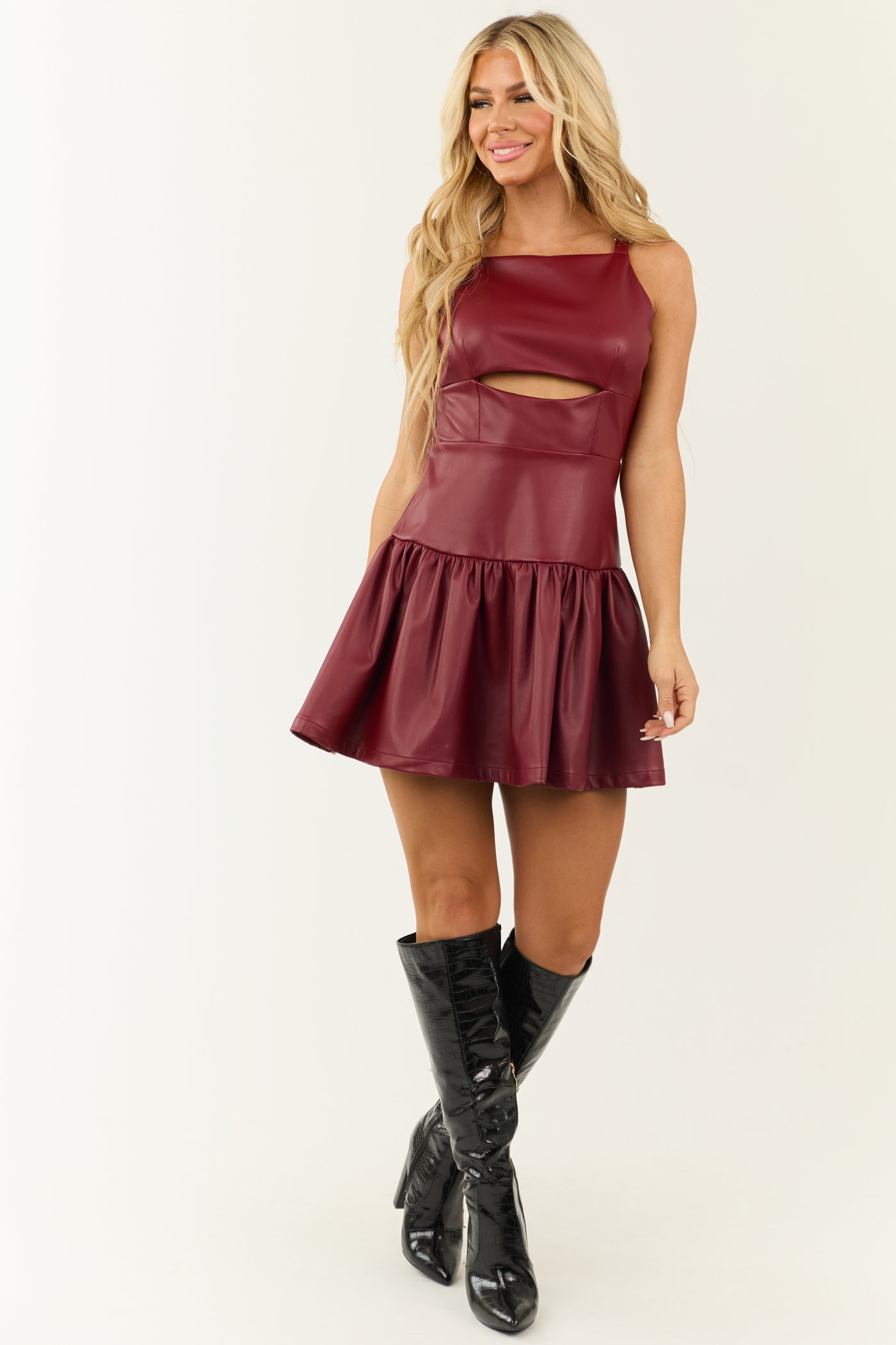 alexandria faux leather cut out dress Burgundy Open Back Faux Leather Cut Out Dress