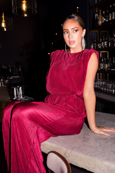 Burgundy Plisse Round Neck Top with Keyhole Back