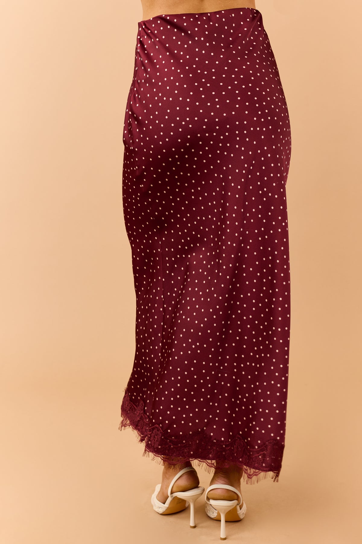 Burgundy Polka Dot Lace Hem Satin Midi Skirt