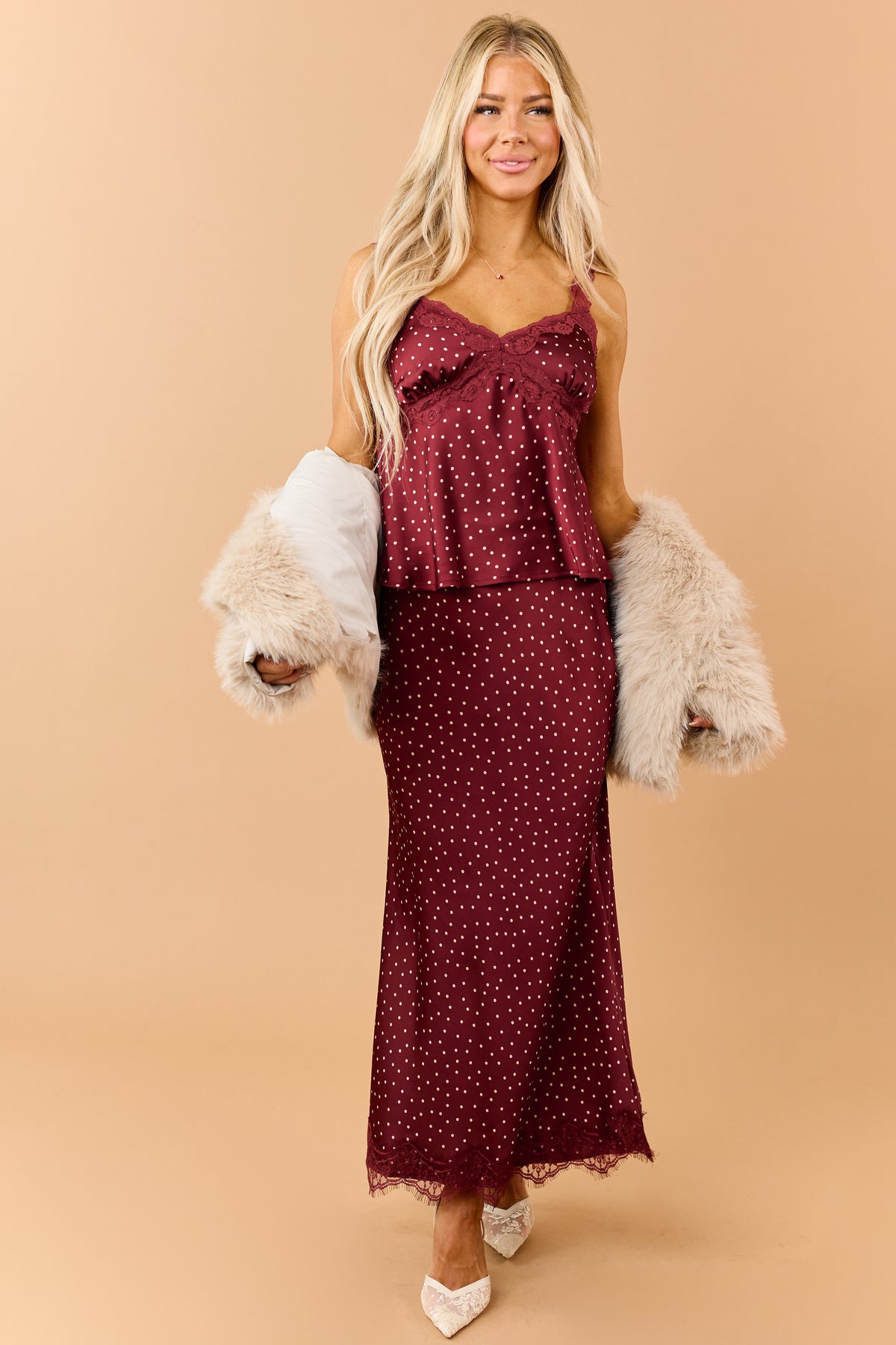 Burgundy Polka Dot Lace Hem Satin Midi Skirt