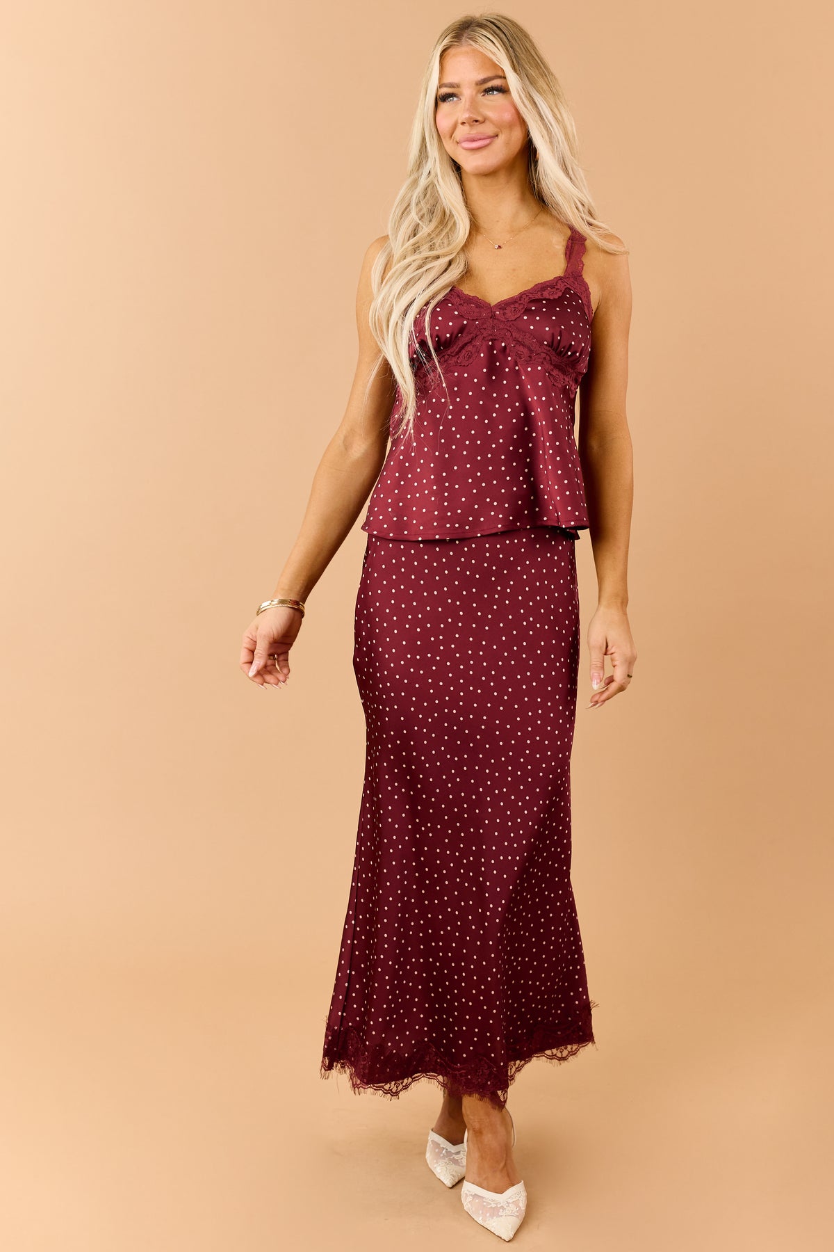 Burgundy Polka Dot Lace Hem Satin Midi Skirt