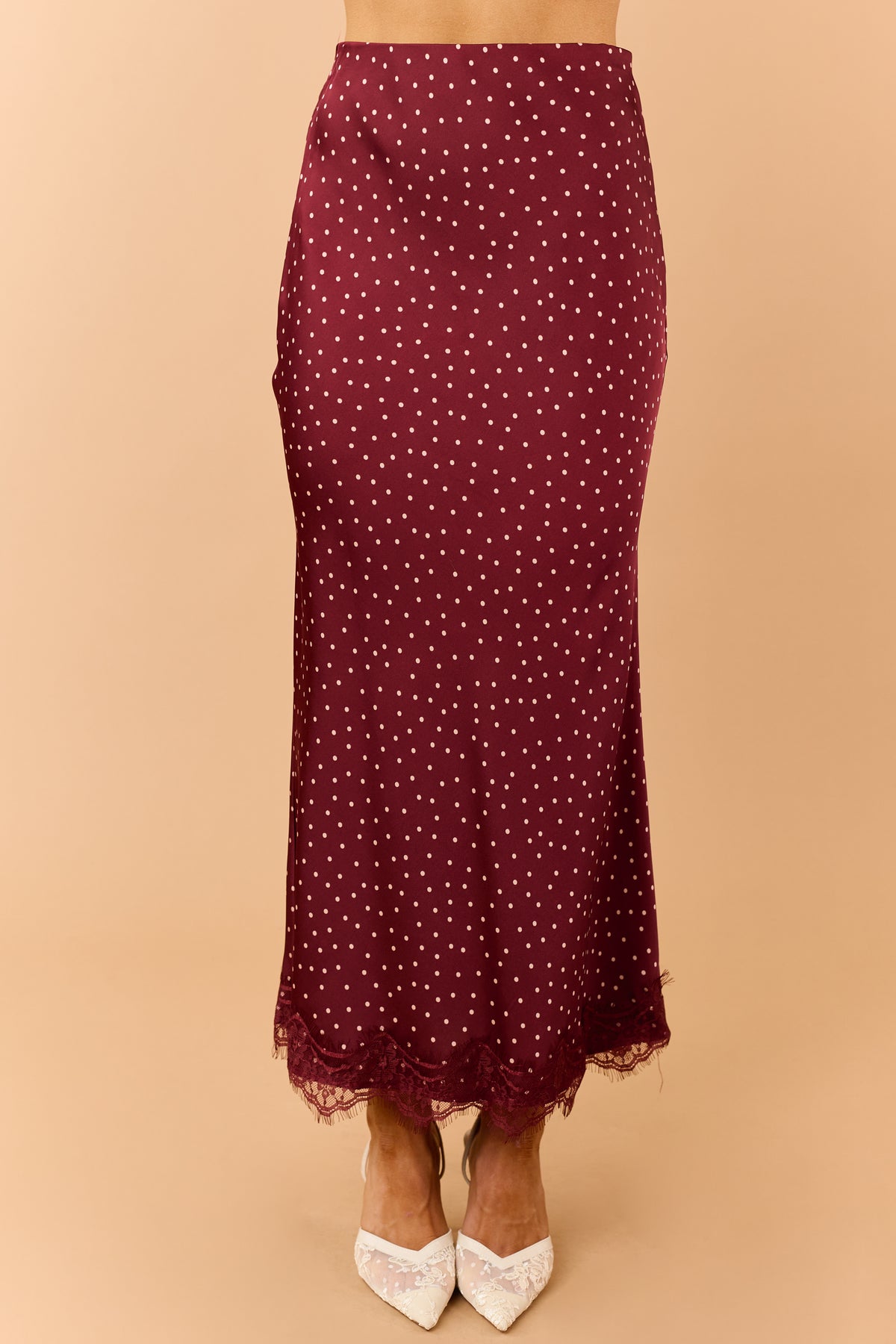 Burgundy Polka Dot Lace Hem Satin Midi Skirt