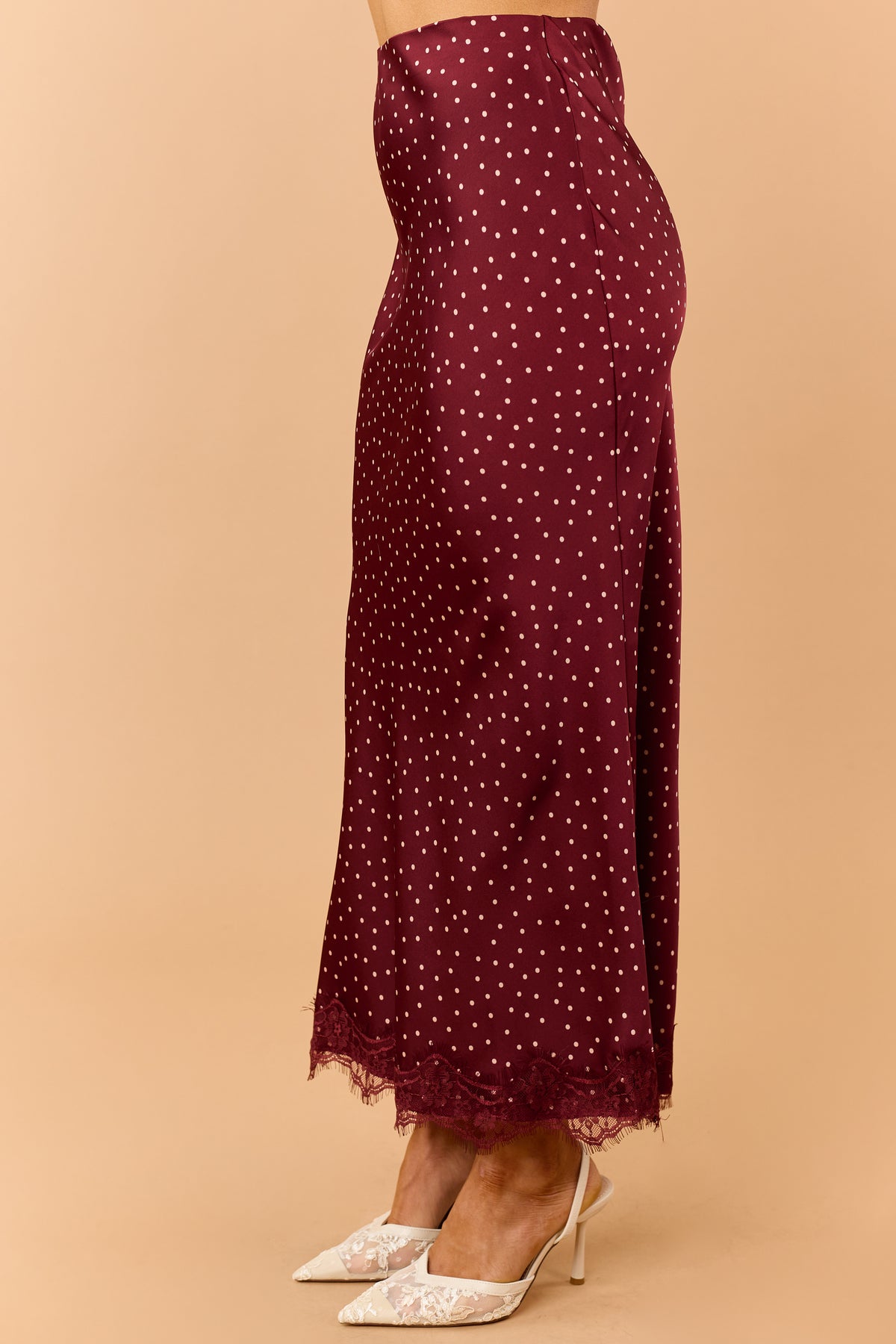 Burgundy Polka Dot Lace Hem Satin Midi Skirt