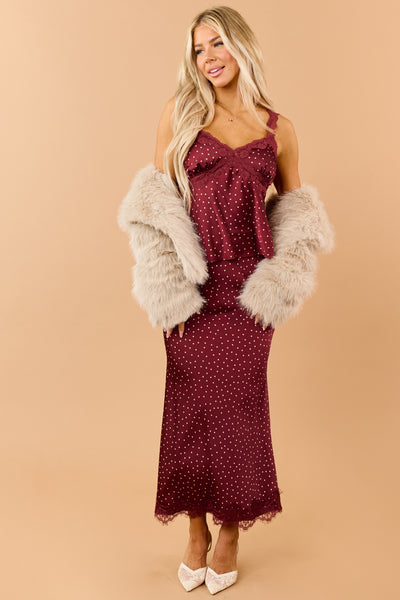Burgundy Polka Dot Lace Trim Satin Tank Top