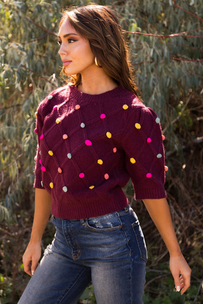 Burgundy Pom Pom Mid Sleeve Sweater