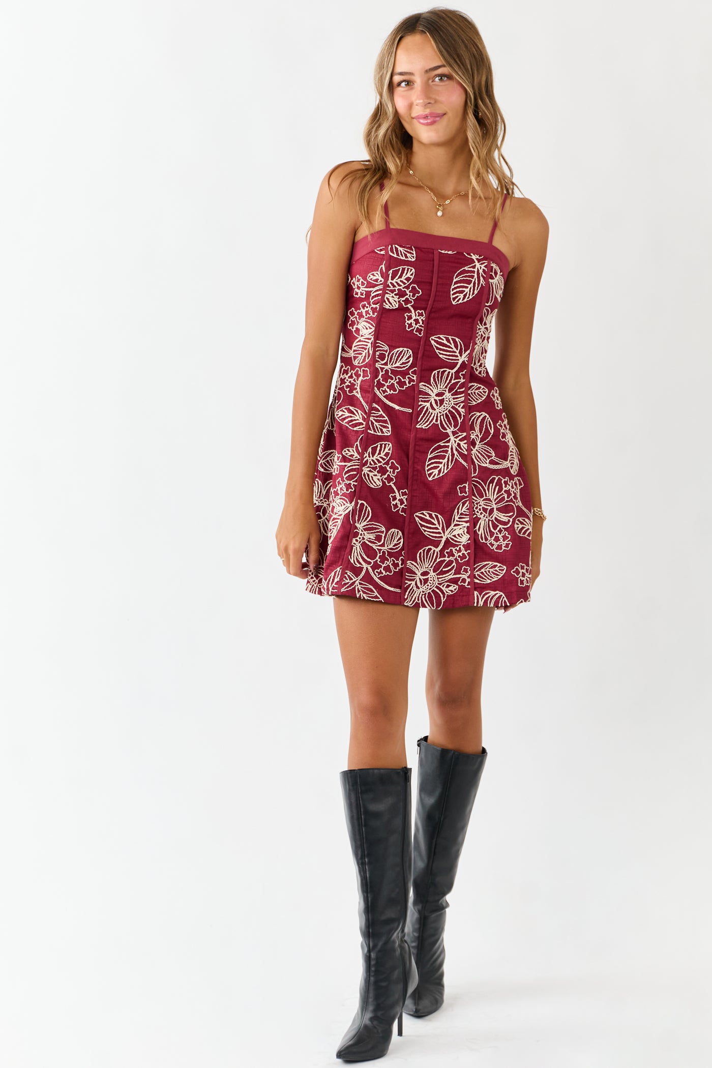 Burgundy Raised Floral Embroidery Mini Dress - S Burgundy Raised Floral Embroidery Mini Dress - S