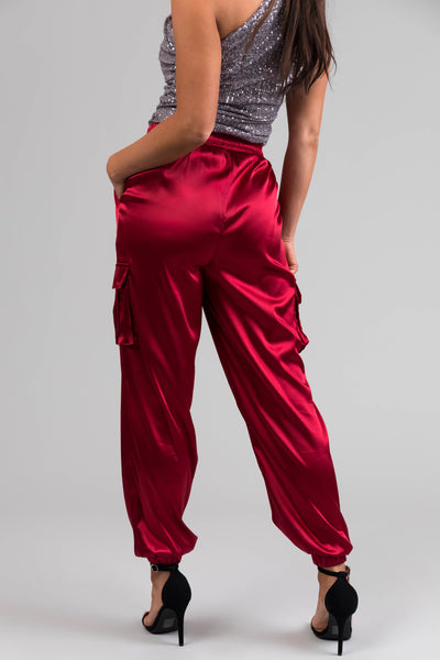 Burgundy Satin Cargo Pocket Smocked Jogger Pants